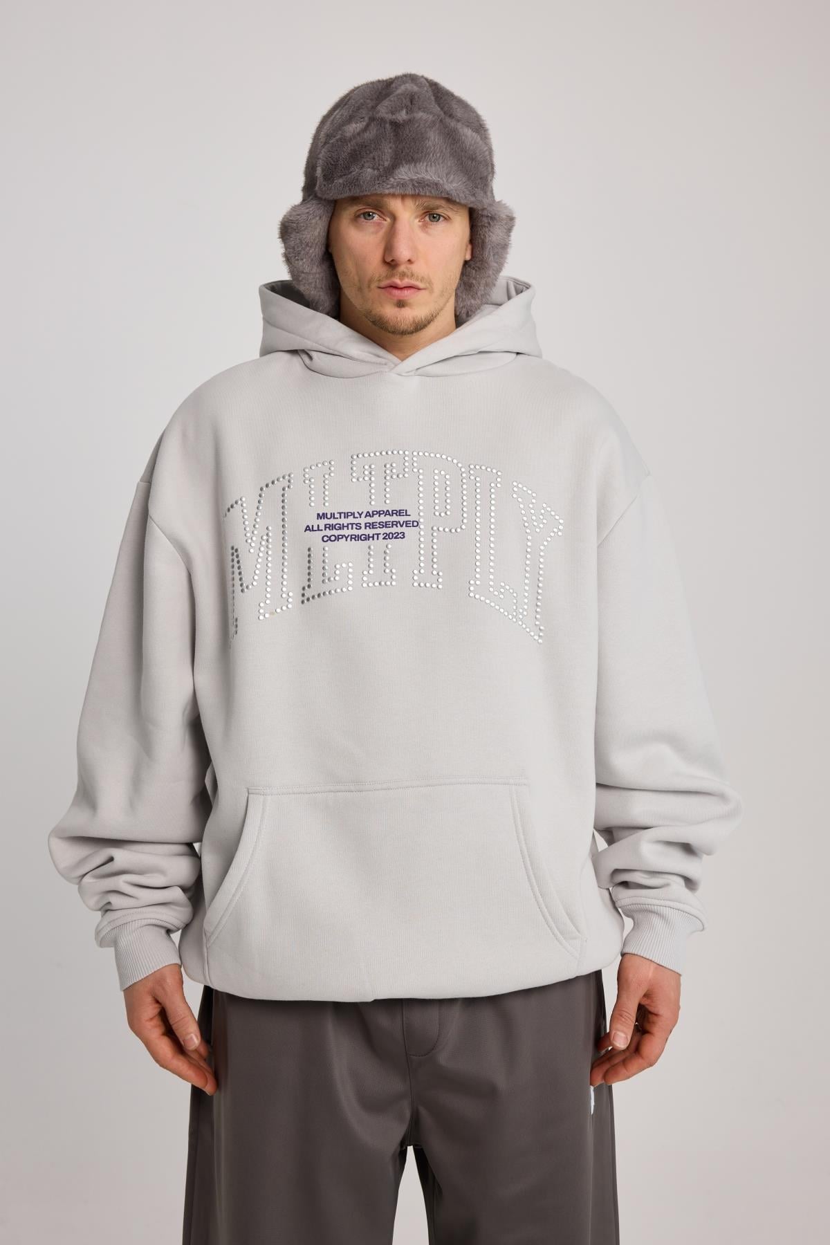 Taş Baskılı Oversize Multiply Gri Hoodie
