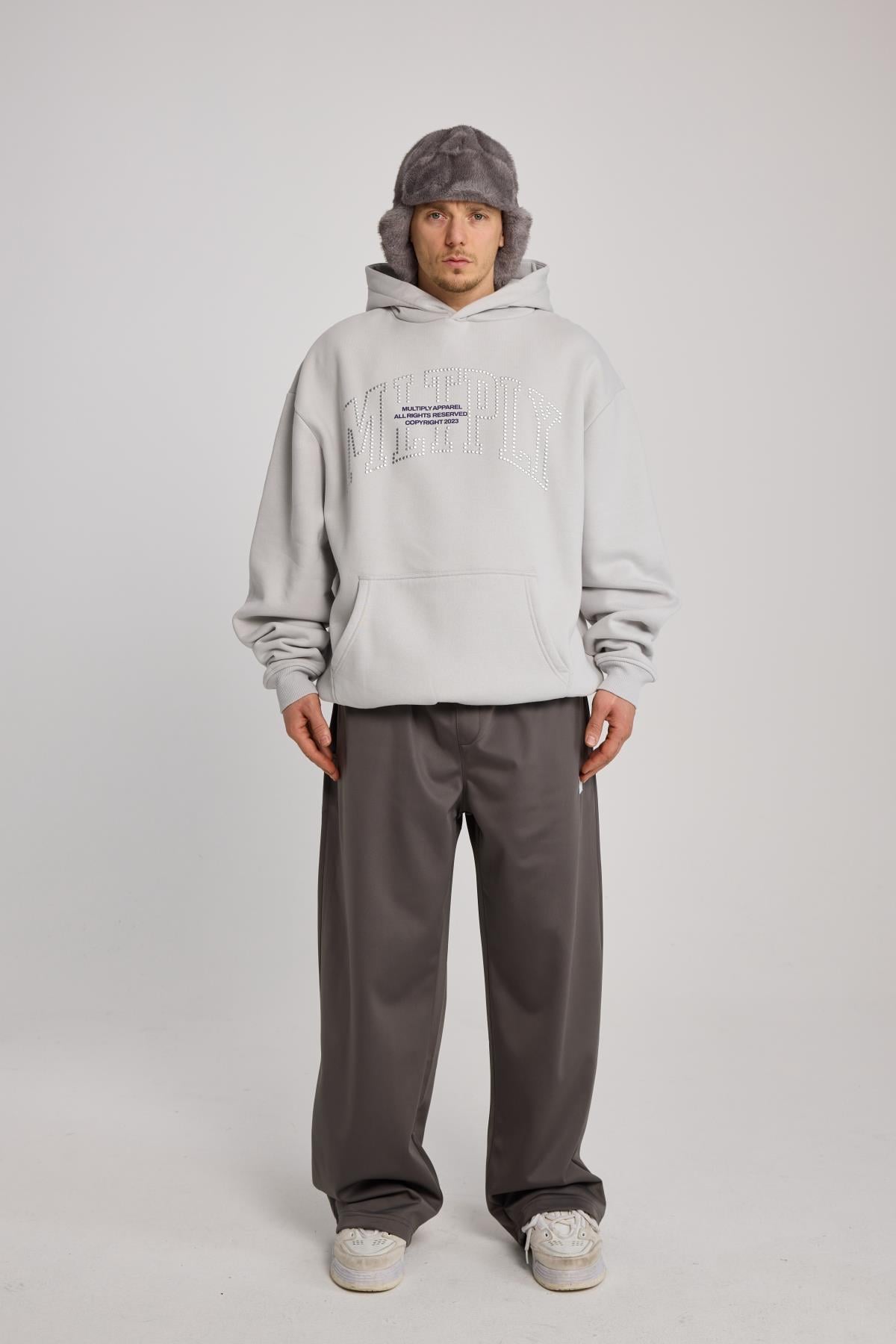 Taş Baskılı Oversize Multiply Gri Hoodie