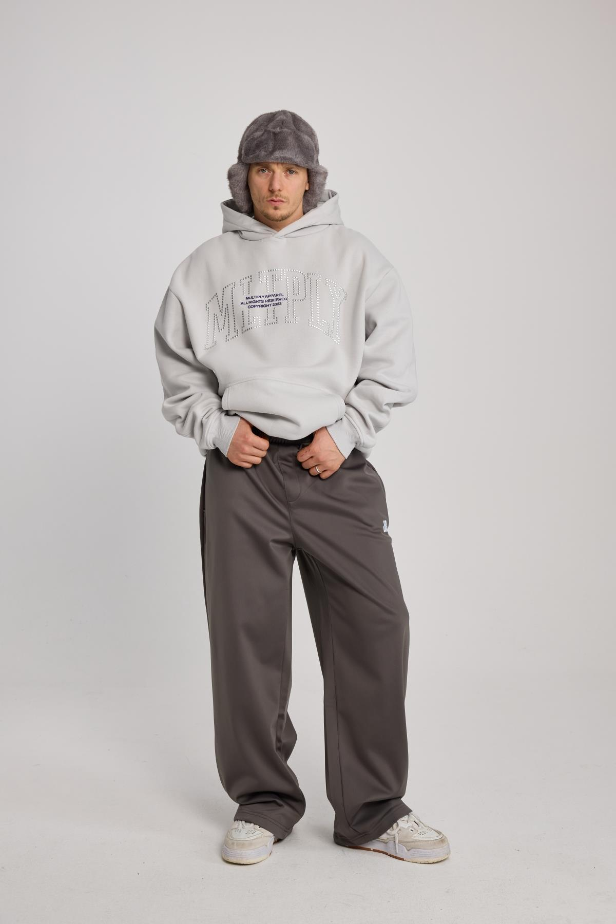 Taş Baskılı Oversize Multiply Gri Hoodie