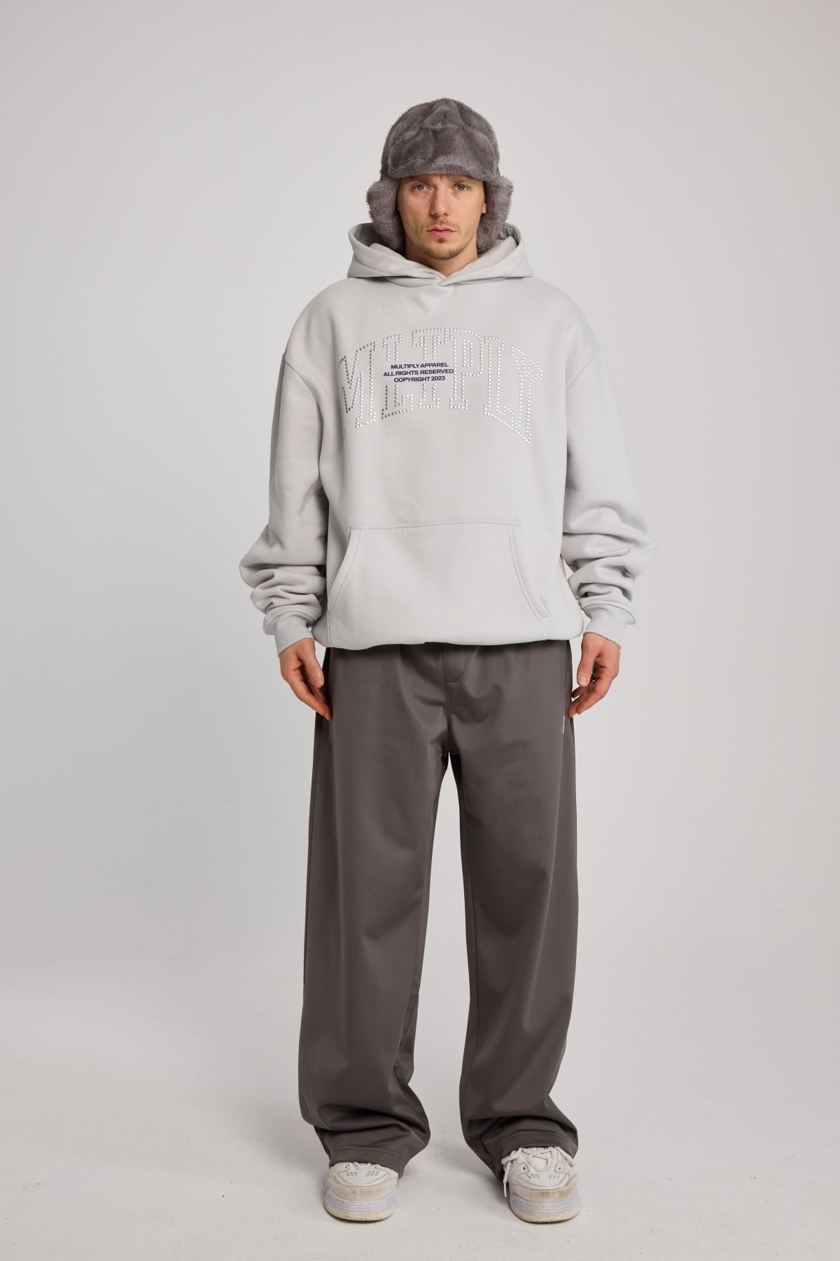 Taş Baskılı Oversize Multiply Gri Hoodie
