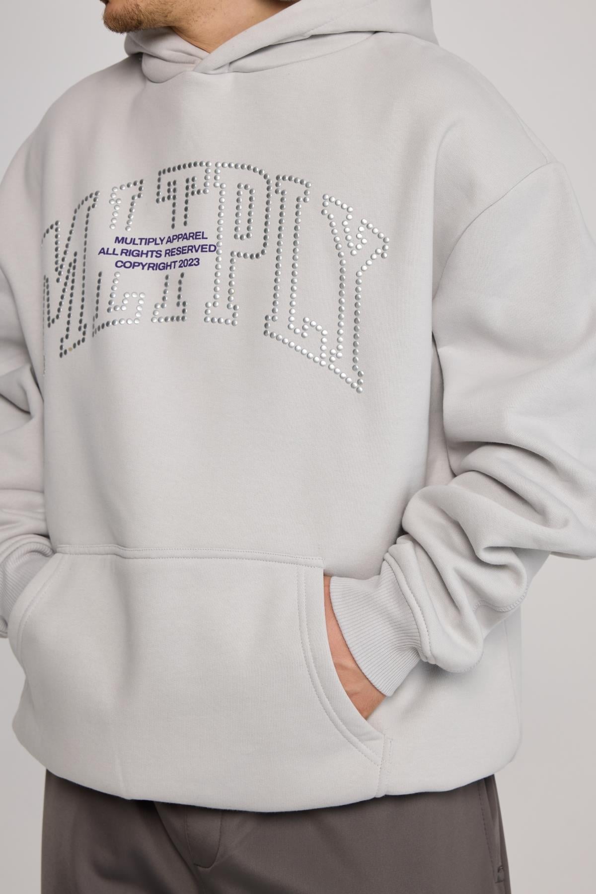 Taş Baskılı Oversize Multiply Gri Hoodie