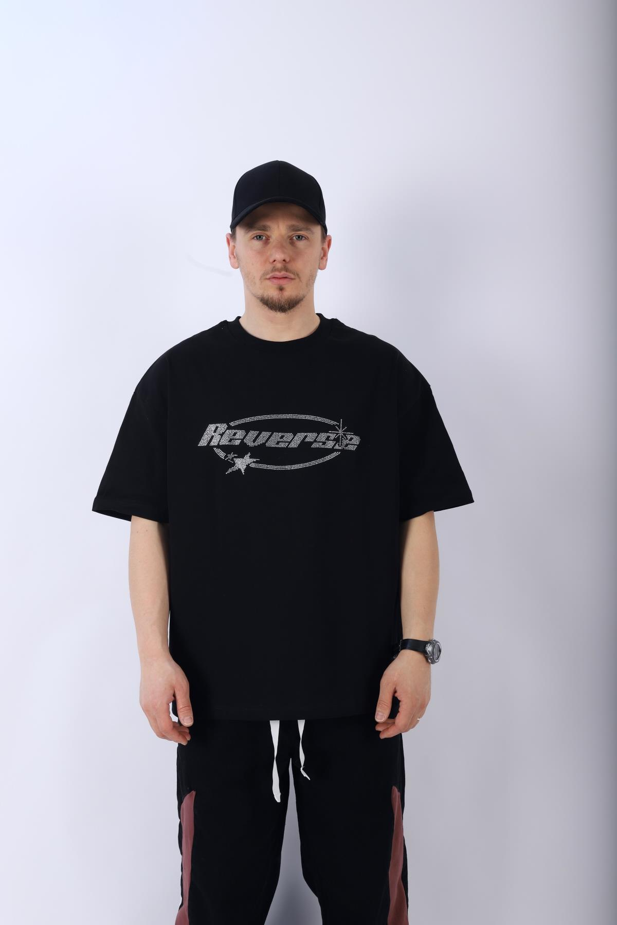Taş Baskılı Reverse Siyah Oversize Tshirt T955