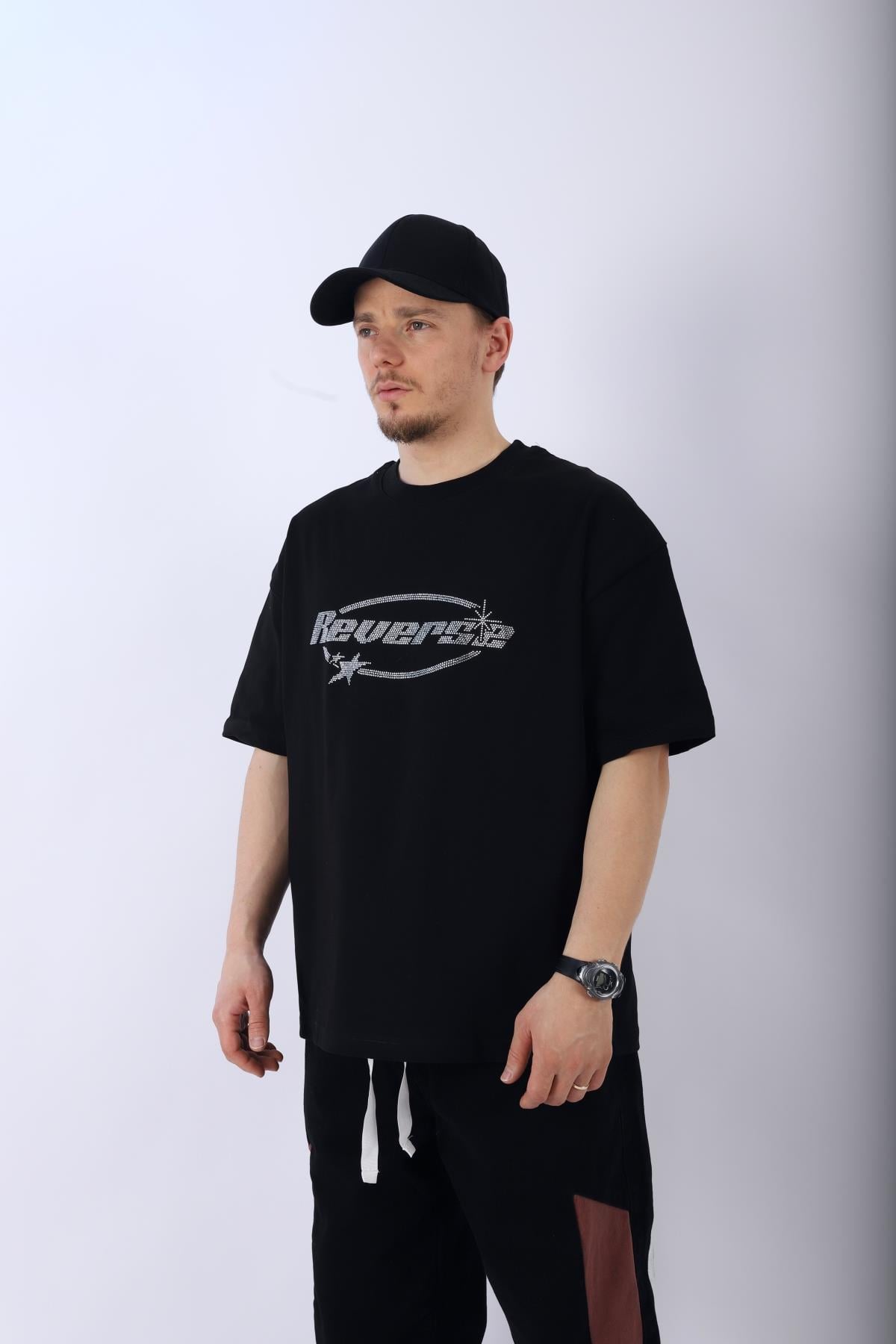 Taş Baskılı Reverse Siyah Oversize Tshirt T955