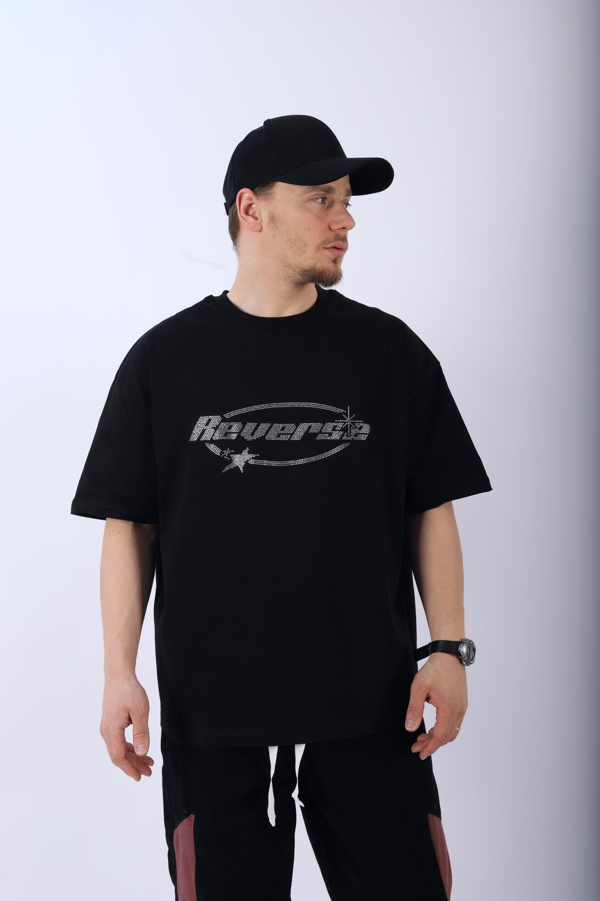 Taş Baskılı Reverse Siyah Oversize Tshirt T955