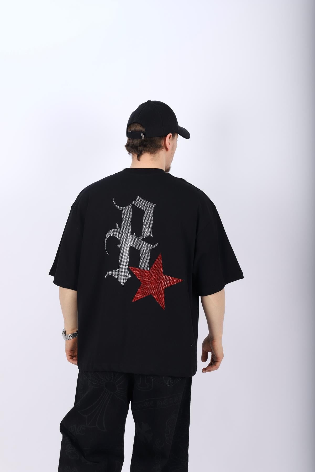 Taş R Baskılı Siyah Oversize Tshirt T1010