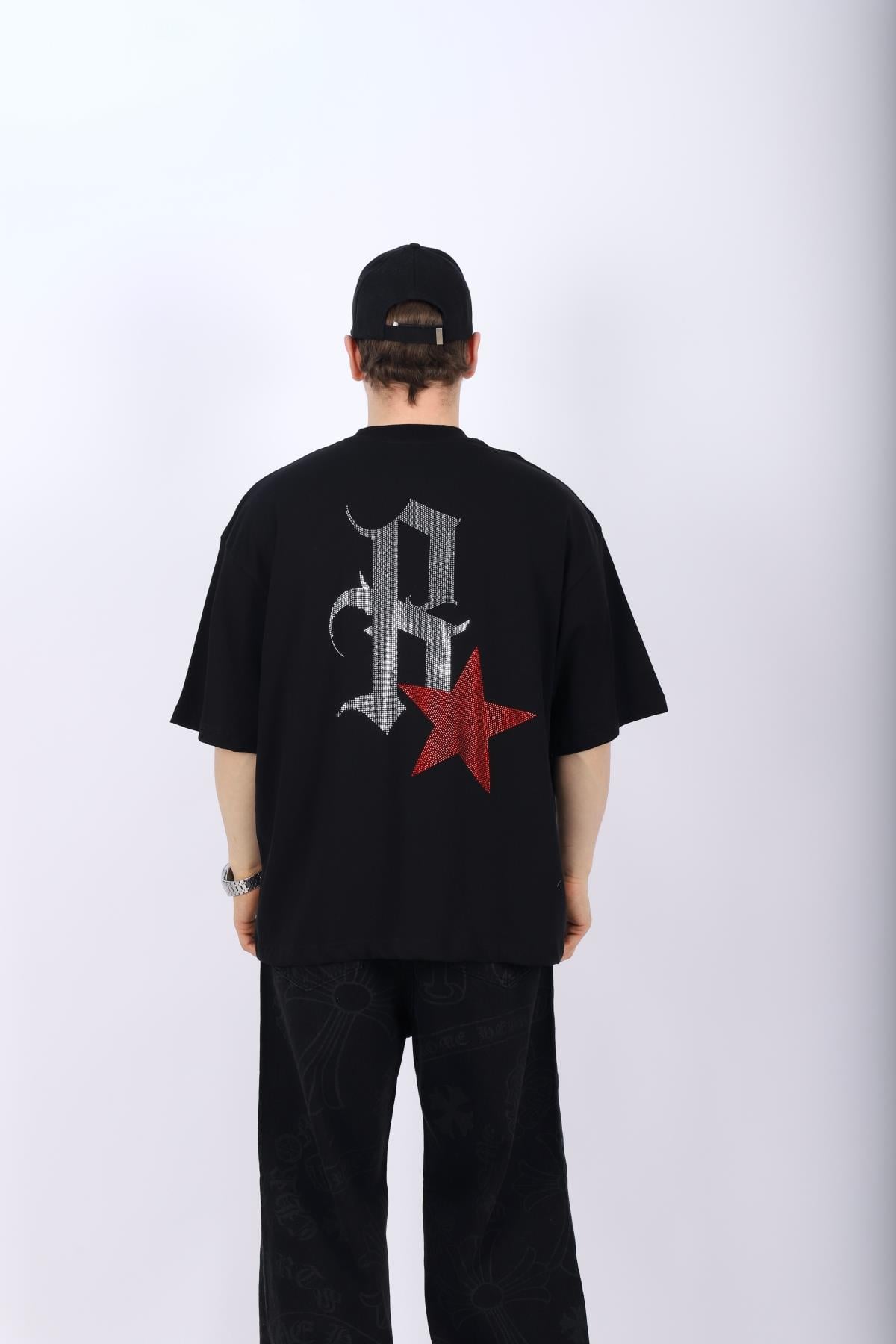 Taş R Baskılı Siyah Oversize Tshirt T1010