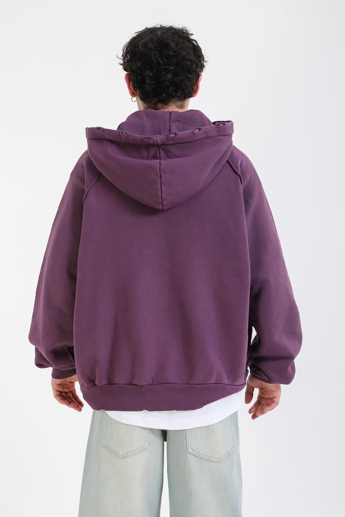 Ters Dikiş Detay Mor Basic Oversize Hoodie