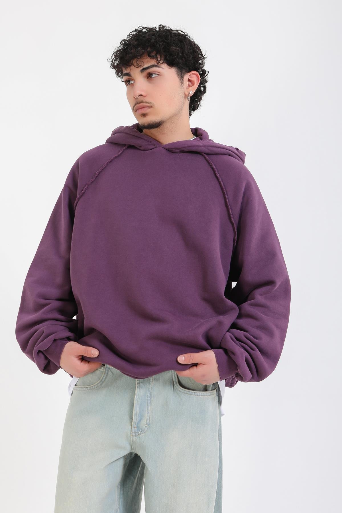 Ters Dikiş Detay Mor Basic Oversize Hoodie