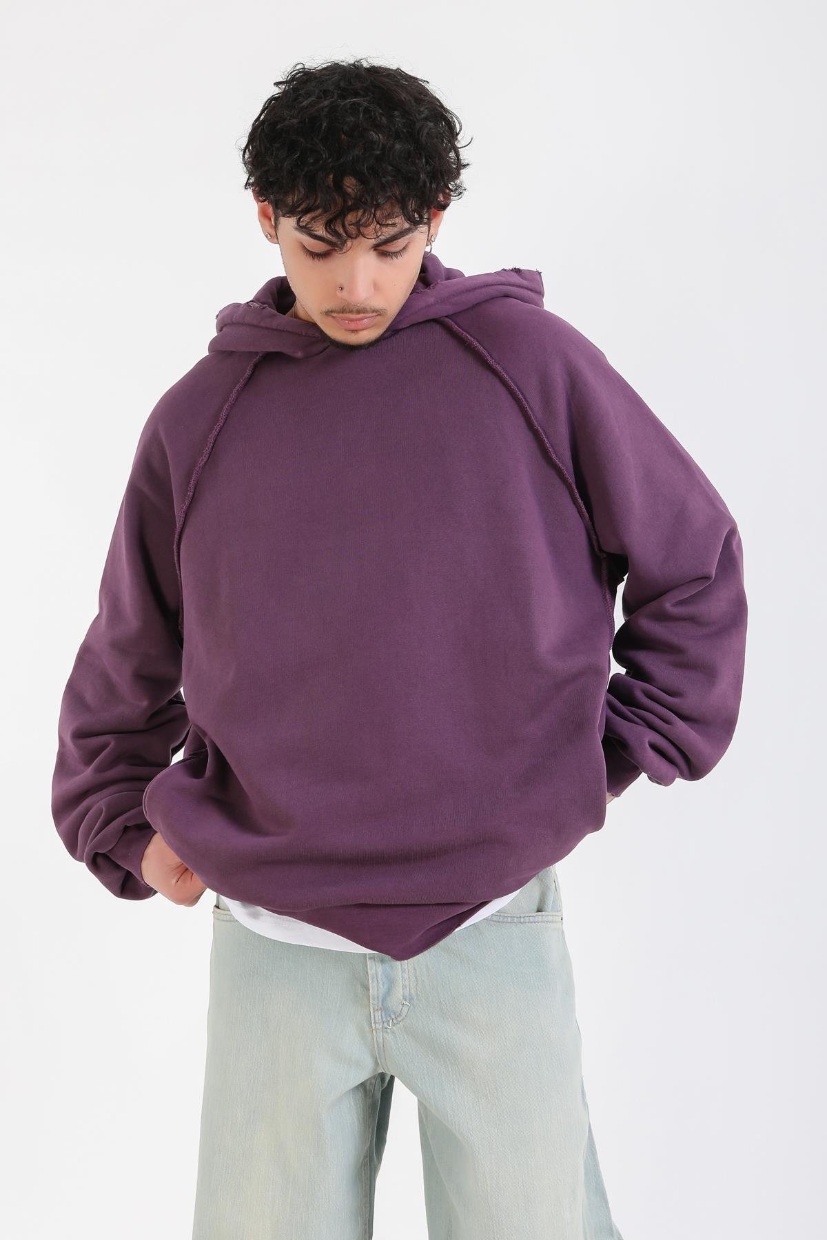 Ters Dikiş Detay Mor Basic Oversize Hoodie