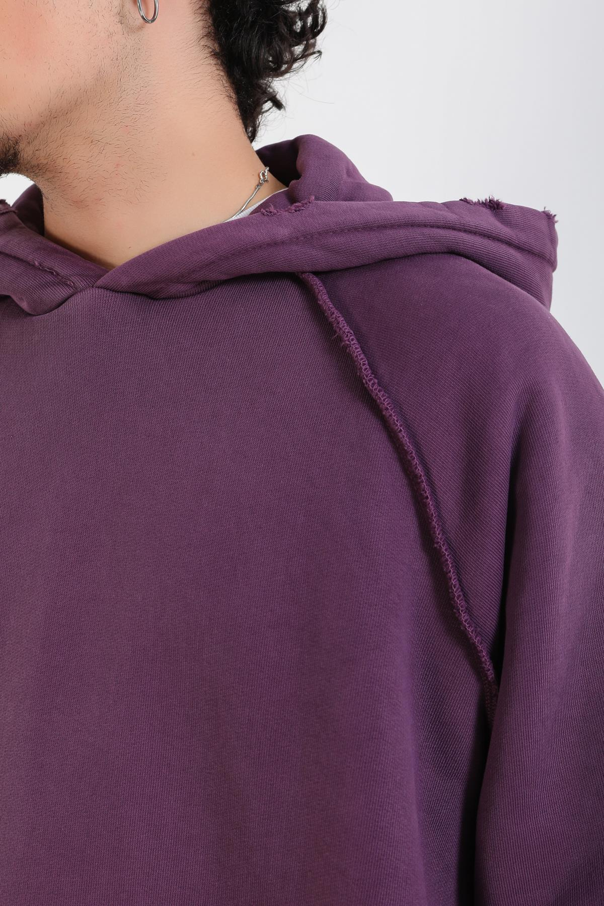 Ters Dikiş Detay Mor Basic Oversize Hoodie