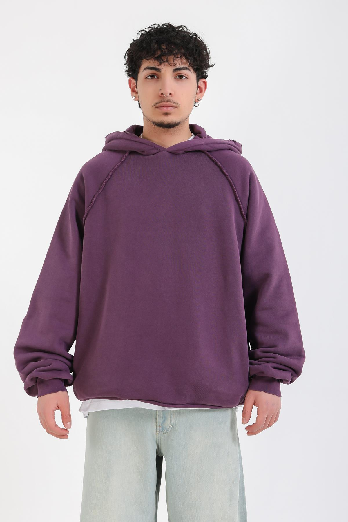 Ters Dikiş Detay Mor Basic Oversize Hoodie