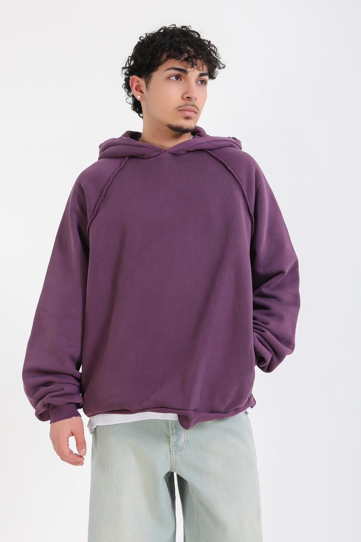 Ters Dikiş Detay Mor Basic Oversize Hoodie
