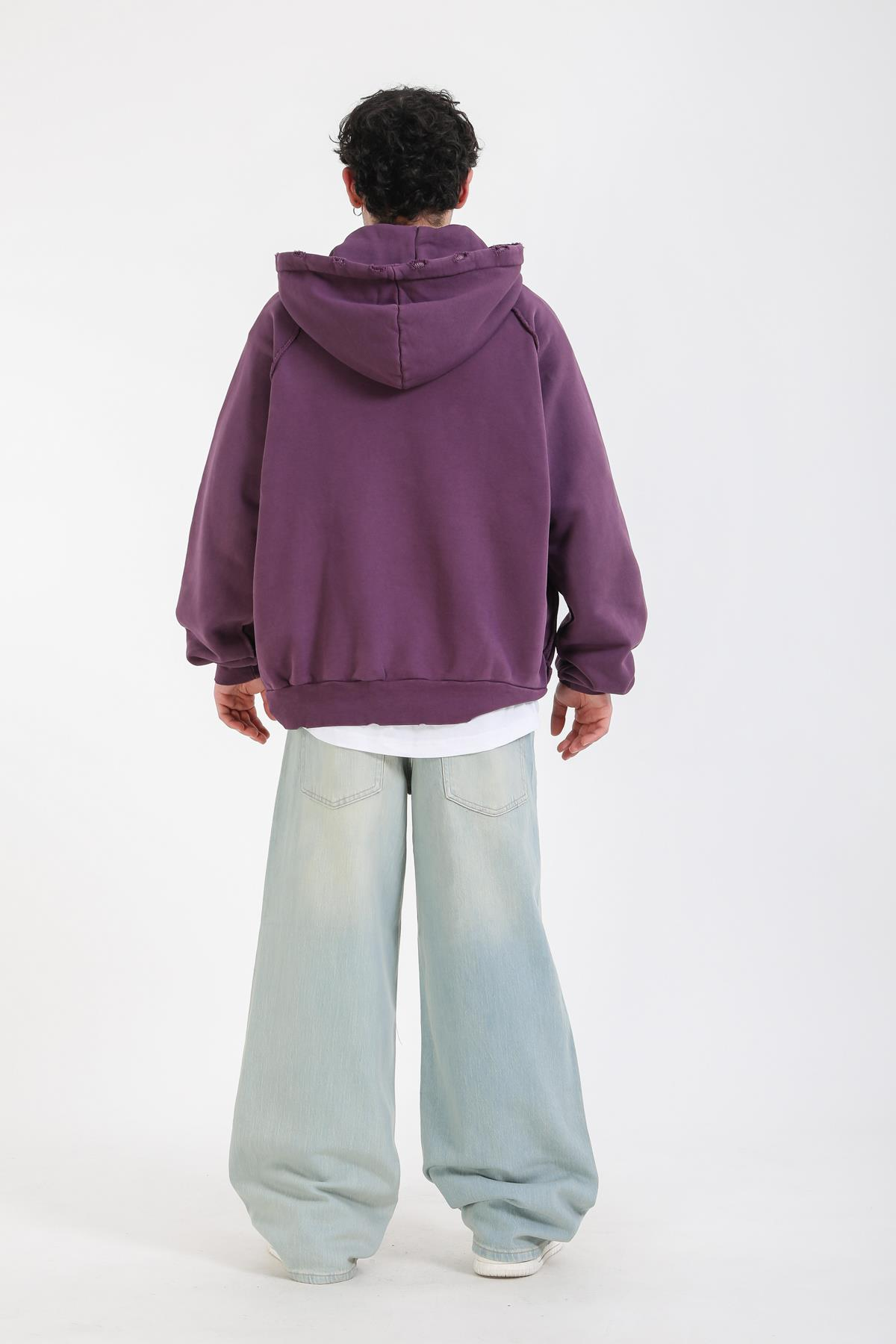 Ters Dikiş Detay Mor Basic Oversize Hoodie