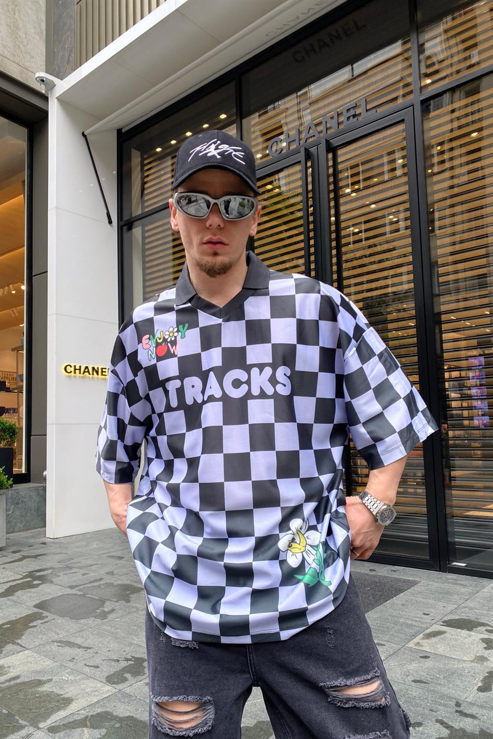 Tracks Baskılı Plaid Oversize Tshirt T675