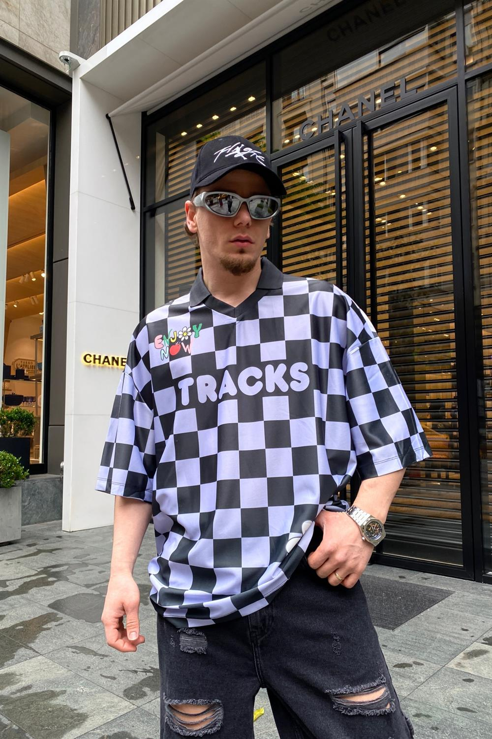 Tracks Baskılı Plaid Oversize Tshirt T675