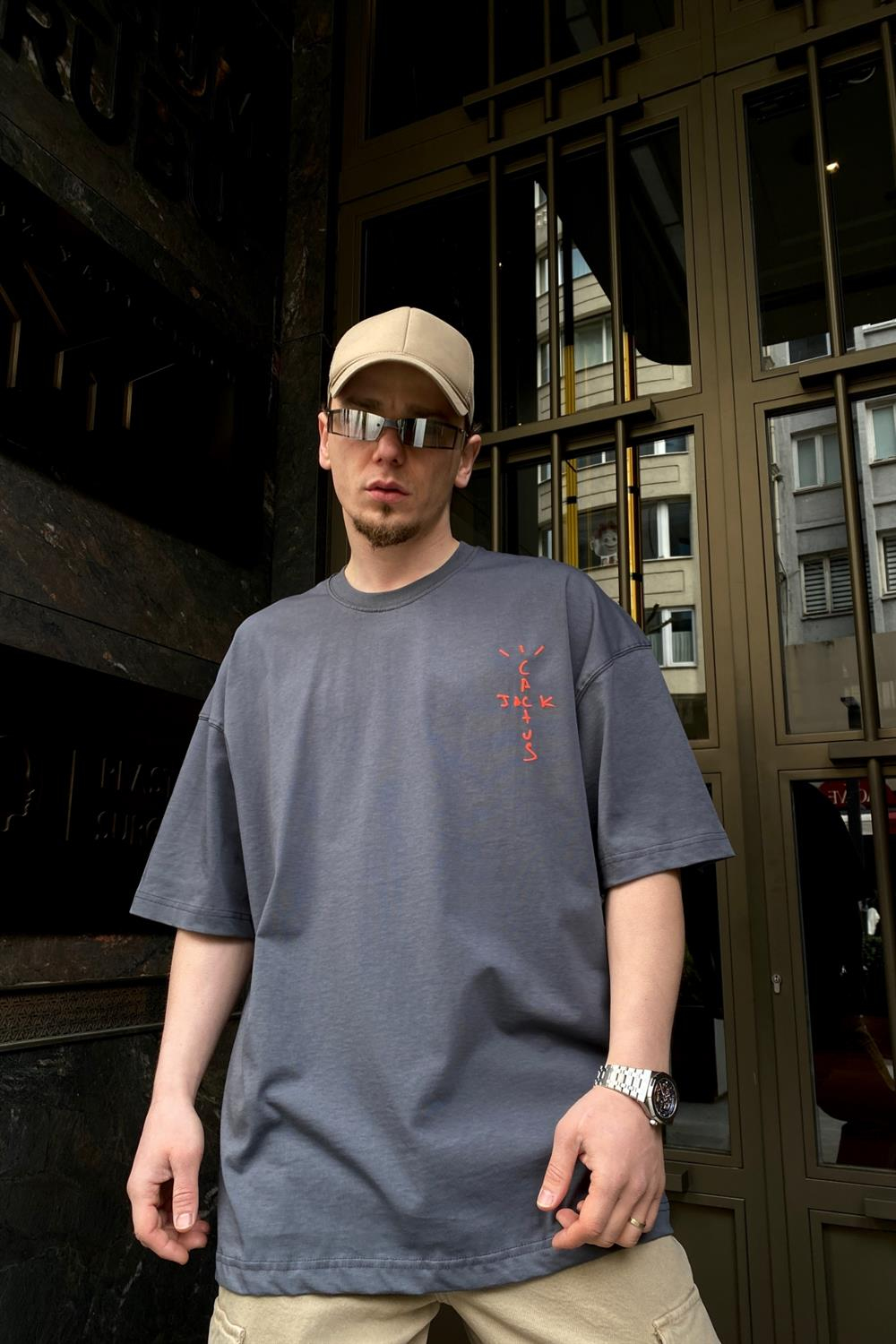 Traviss CJack  Baskılı Gri Oversize Tshirt T588