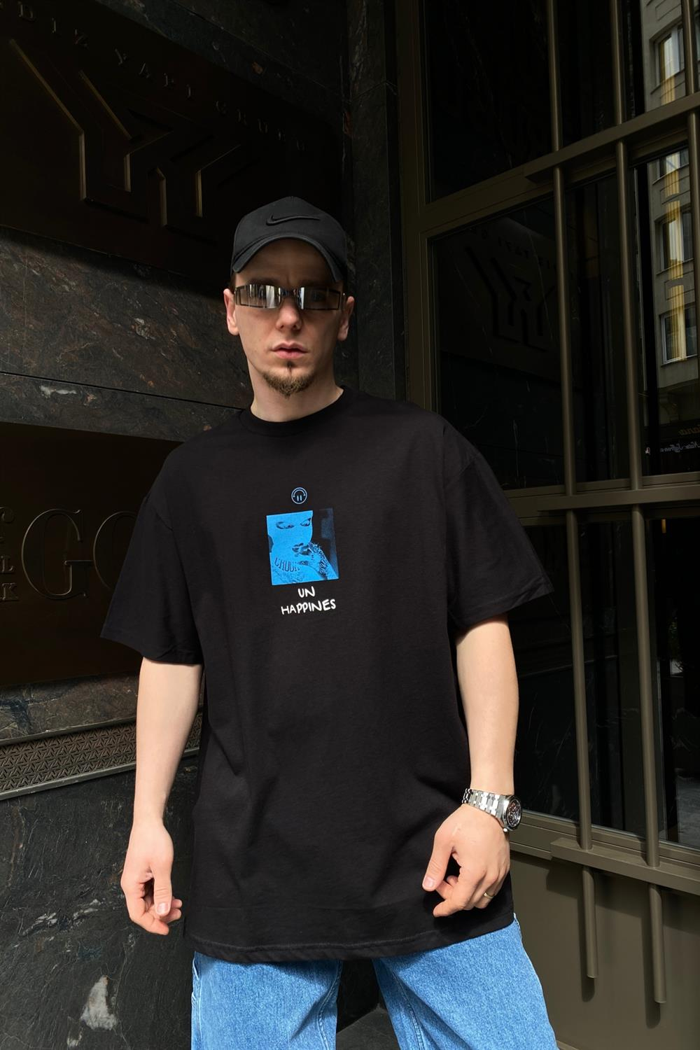 Unhappines Baskılı Siyah Oversize Tshirt T573