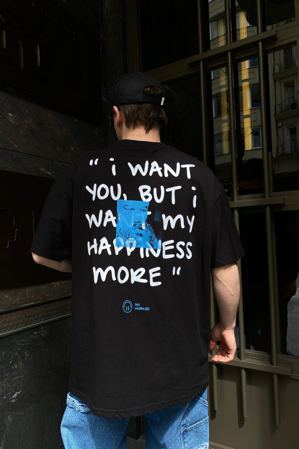 Unhappines Baskılı Siyah Oversize Tshirt T573