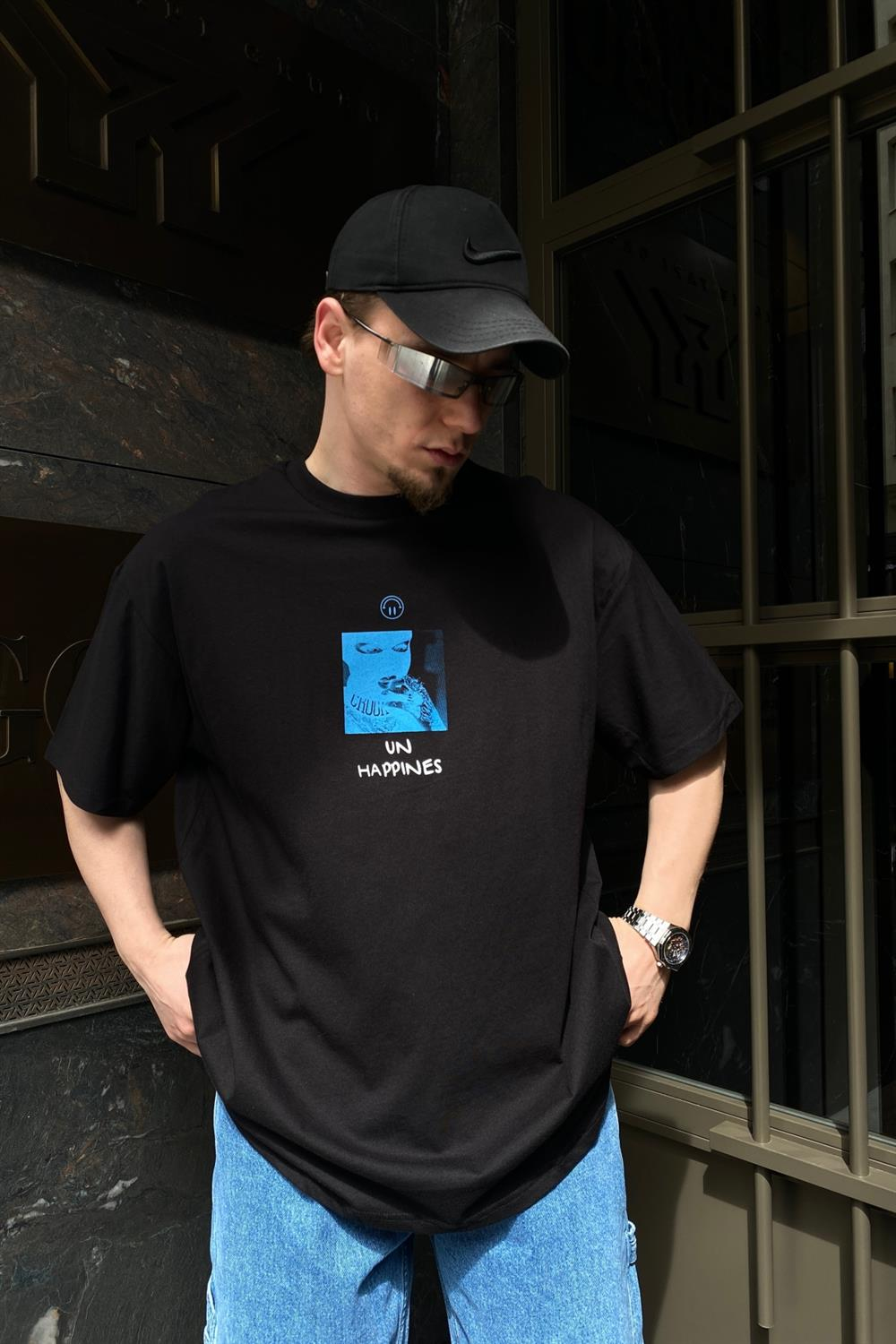 Unhappines Baskılı Siyah Oversize Tshirt T573