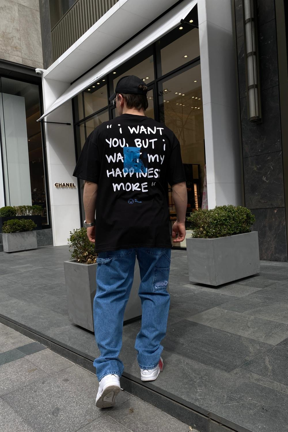 Unhappines Baskılı Siyah Oversize Tshirt T573