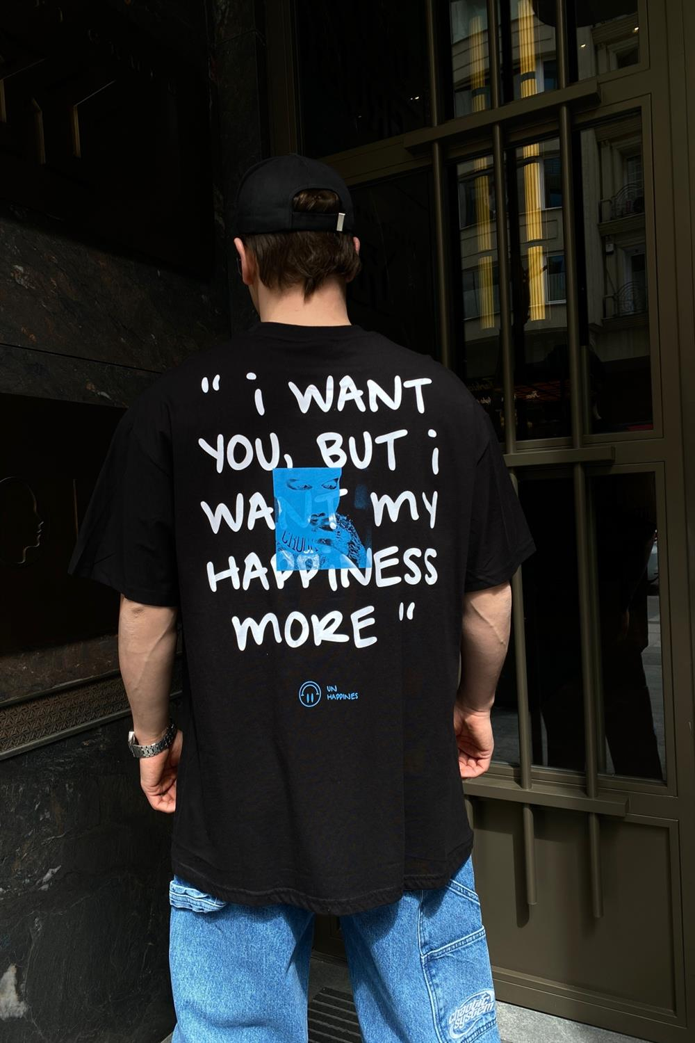 Unhappines Baskılı Siyah Oversize Tshirt T573