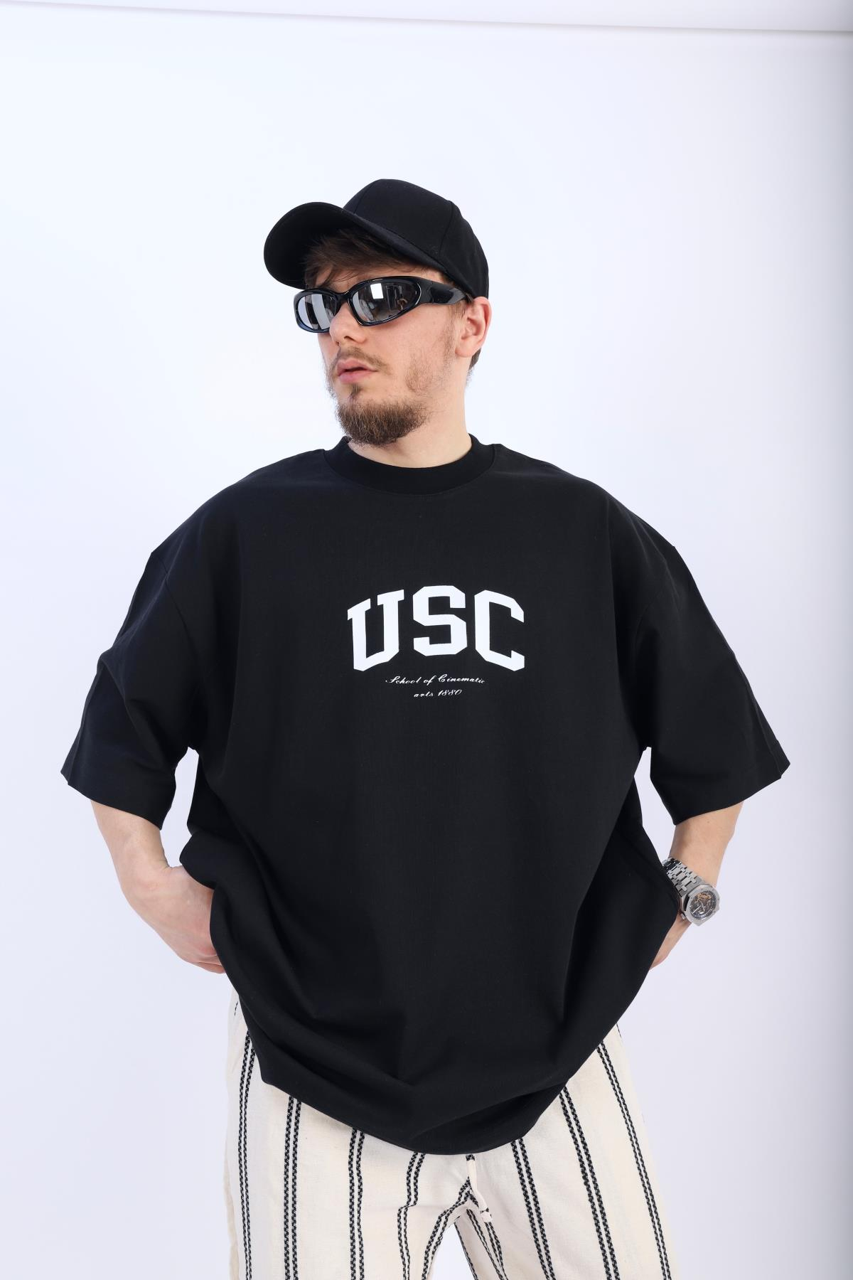USC Baskılı Siyah Oversize Tshirt T895