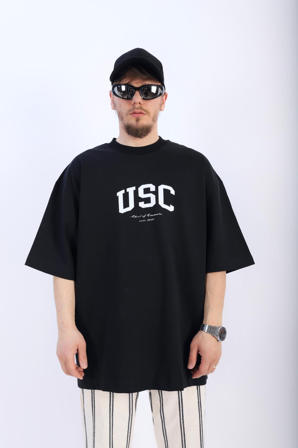 USC Baskılı Siyah Oversize Tshirt T895