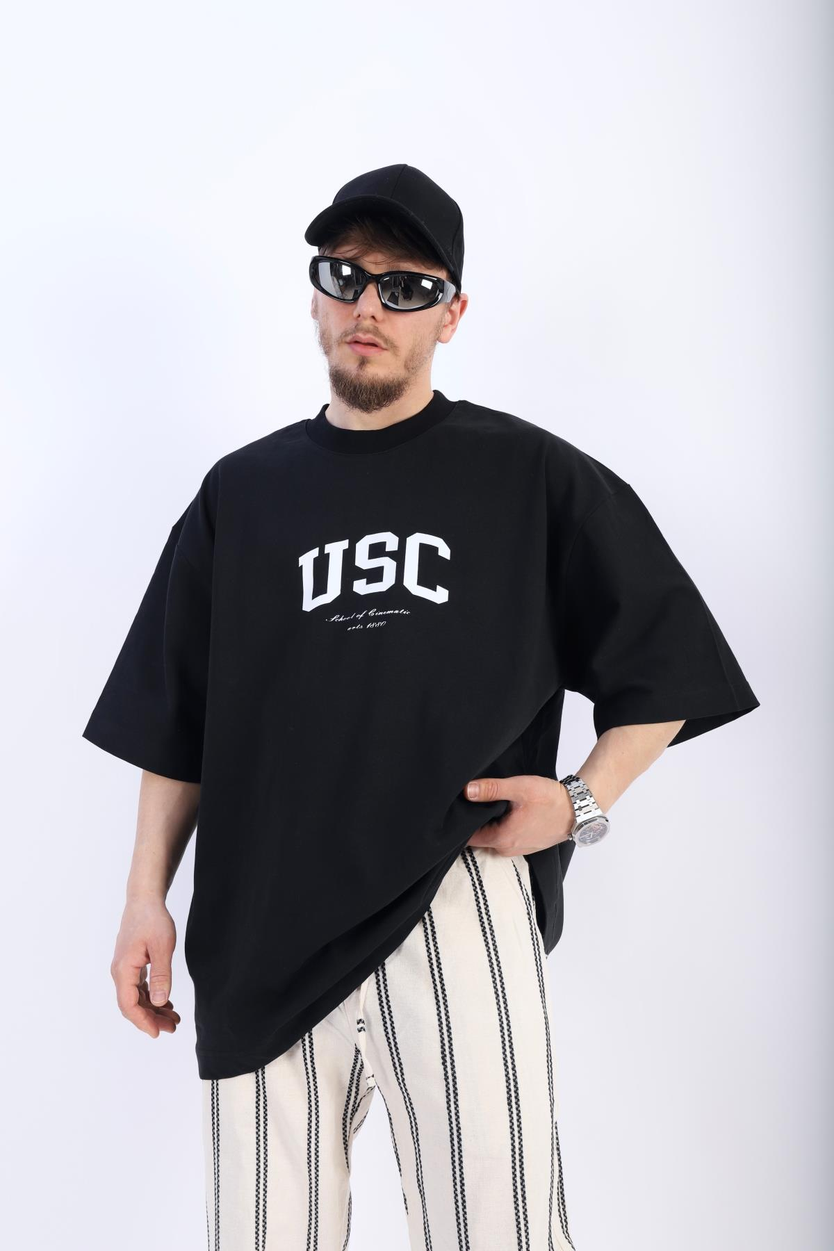 USC Baskılı Siyah Oversize Tshirt T895