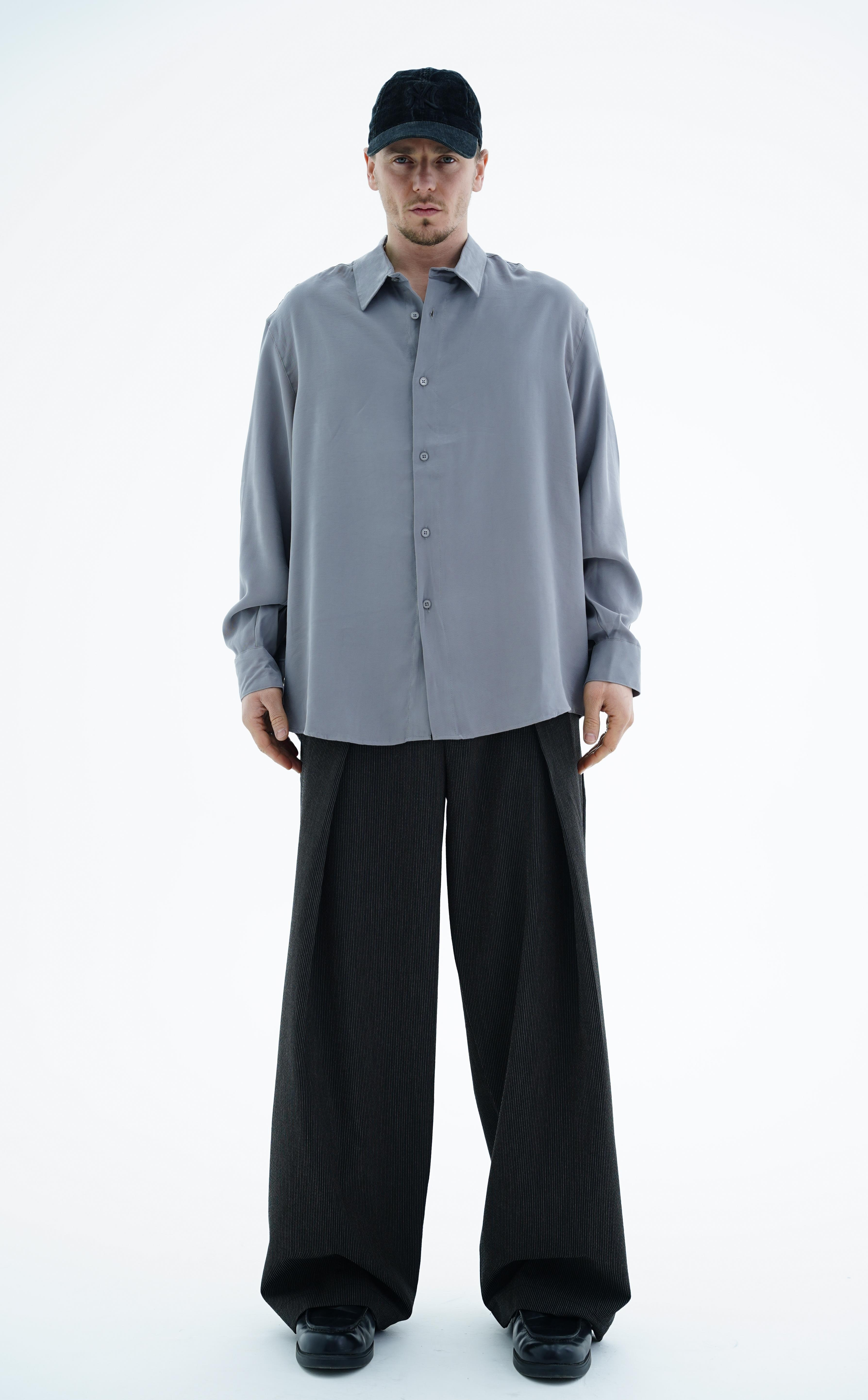 Uzun Kollu Yumuşak Dokulu Gri Oversize Gömlek JC01 26Y102
