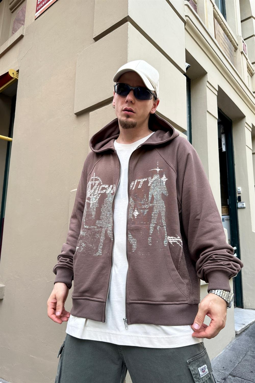 VCNTY Baskılı Kahve Oversize Zipper Sweatshirt SW858