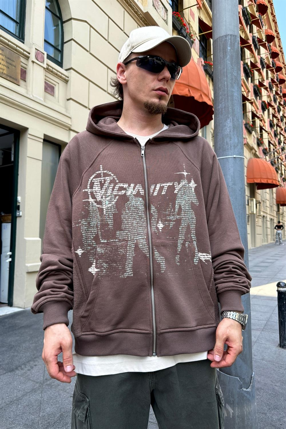 VCNTY Baskılı Kahve Oversize Zipper Sweatshirt SW858