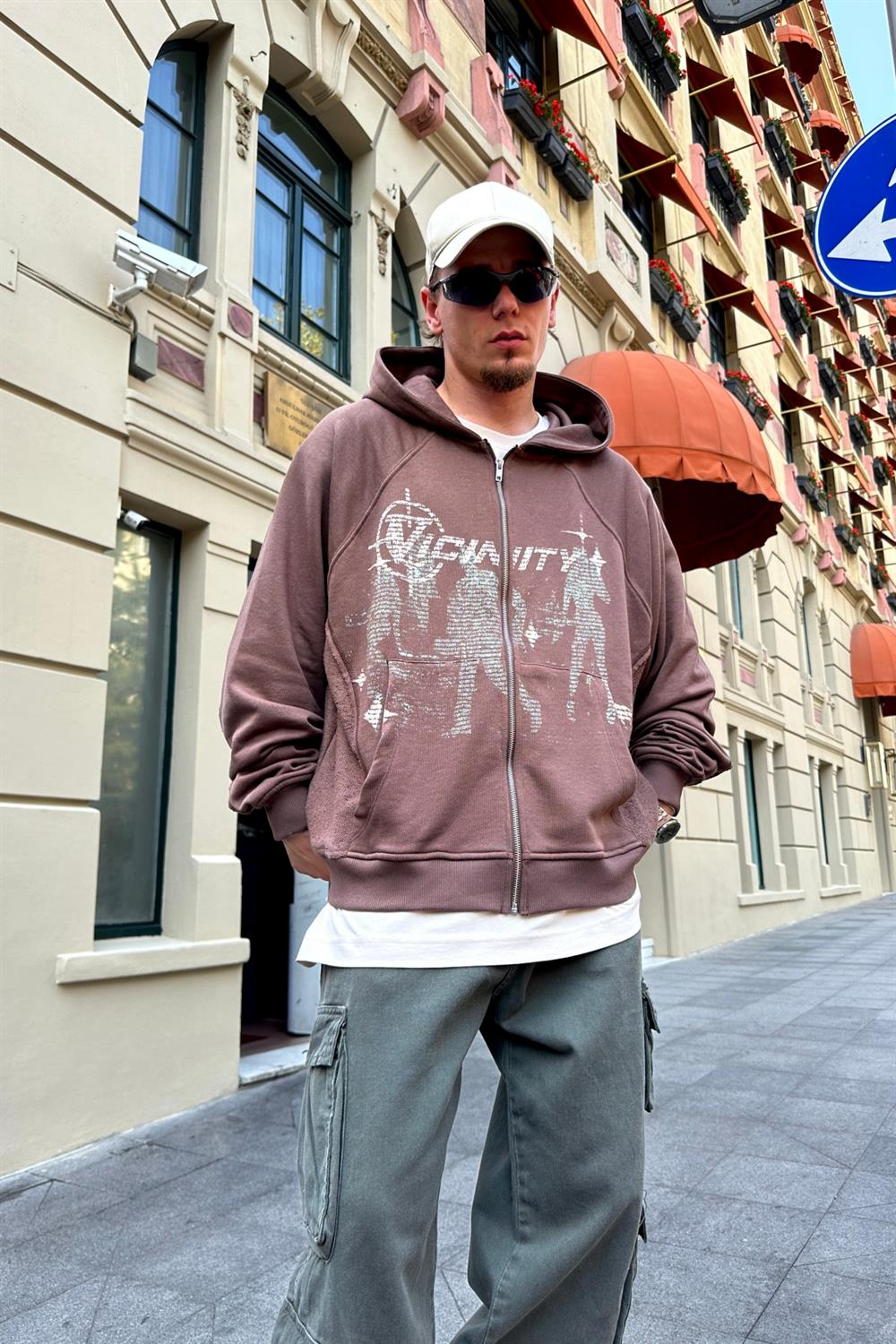 VCNTY Baskılı Kahve Oversize Zipper Sweatshirt SW858