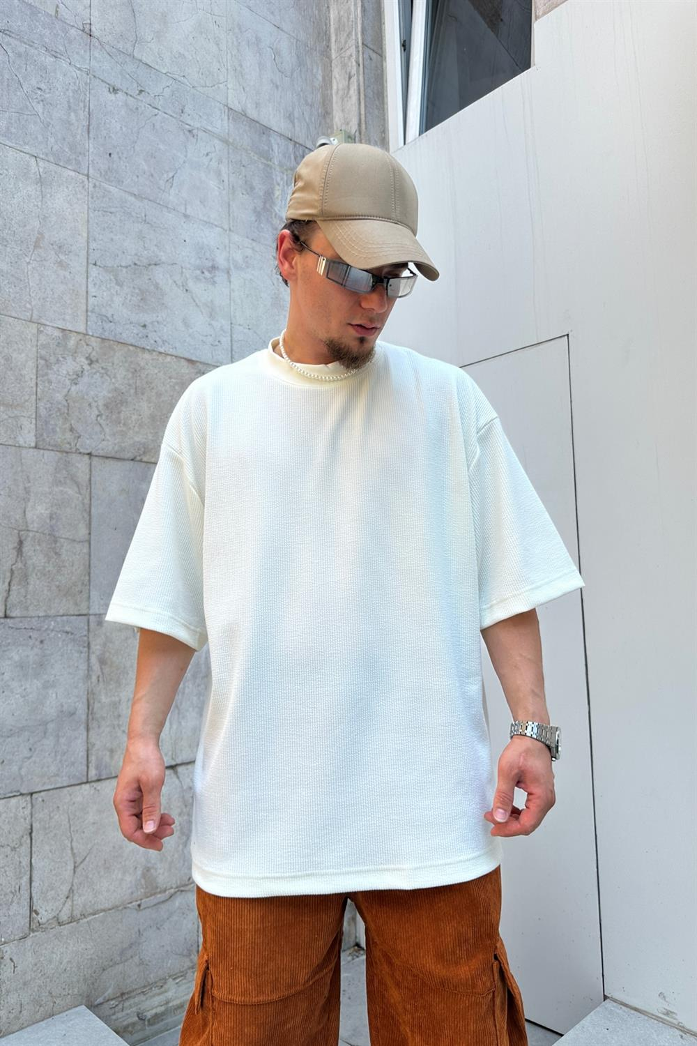 Waffle Kumaş Krem Oversize Tshirt T759