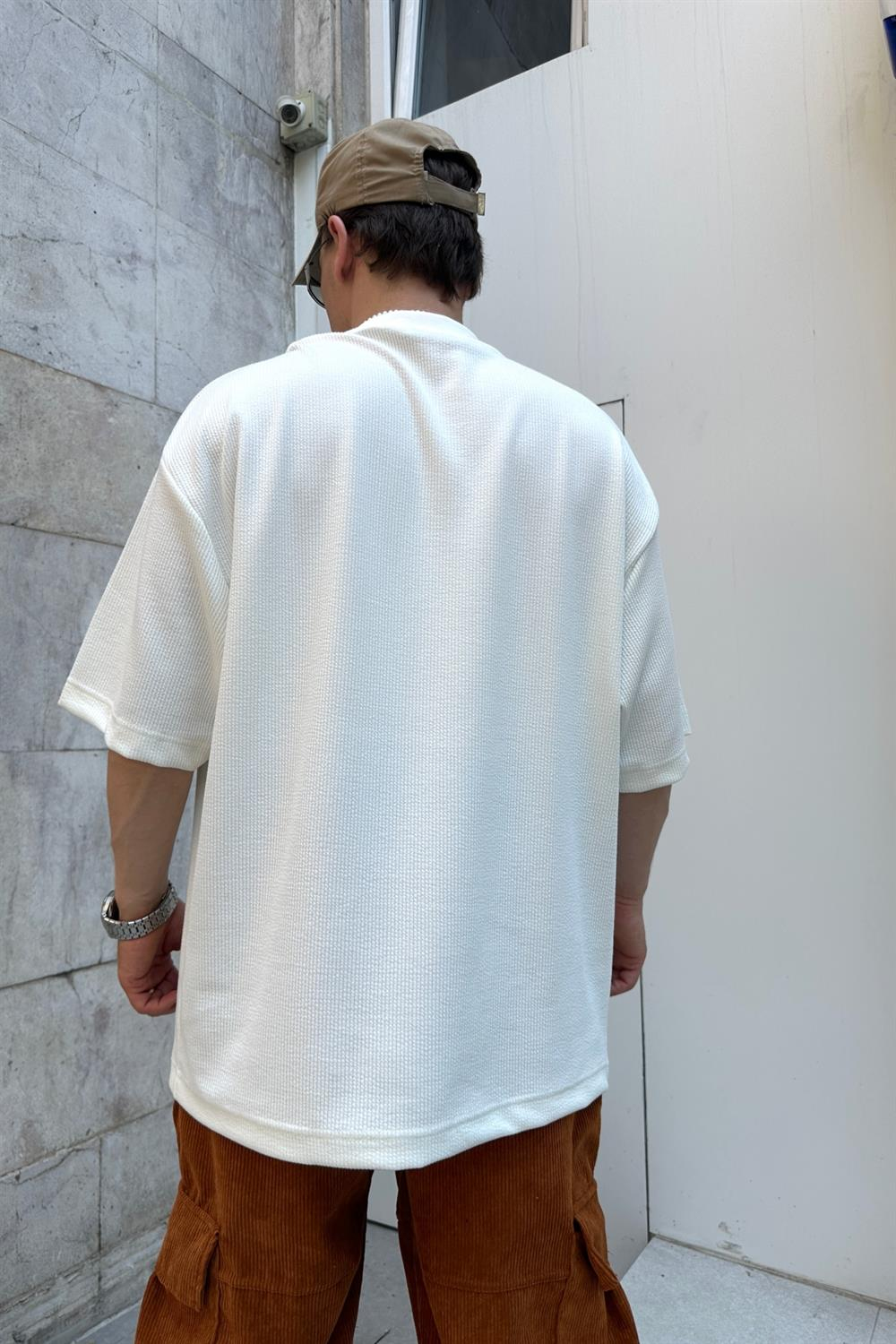 Waffle Kumaş Krem Oversize Tshirt T759