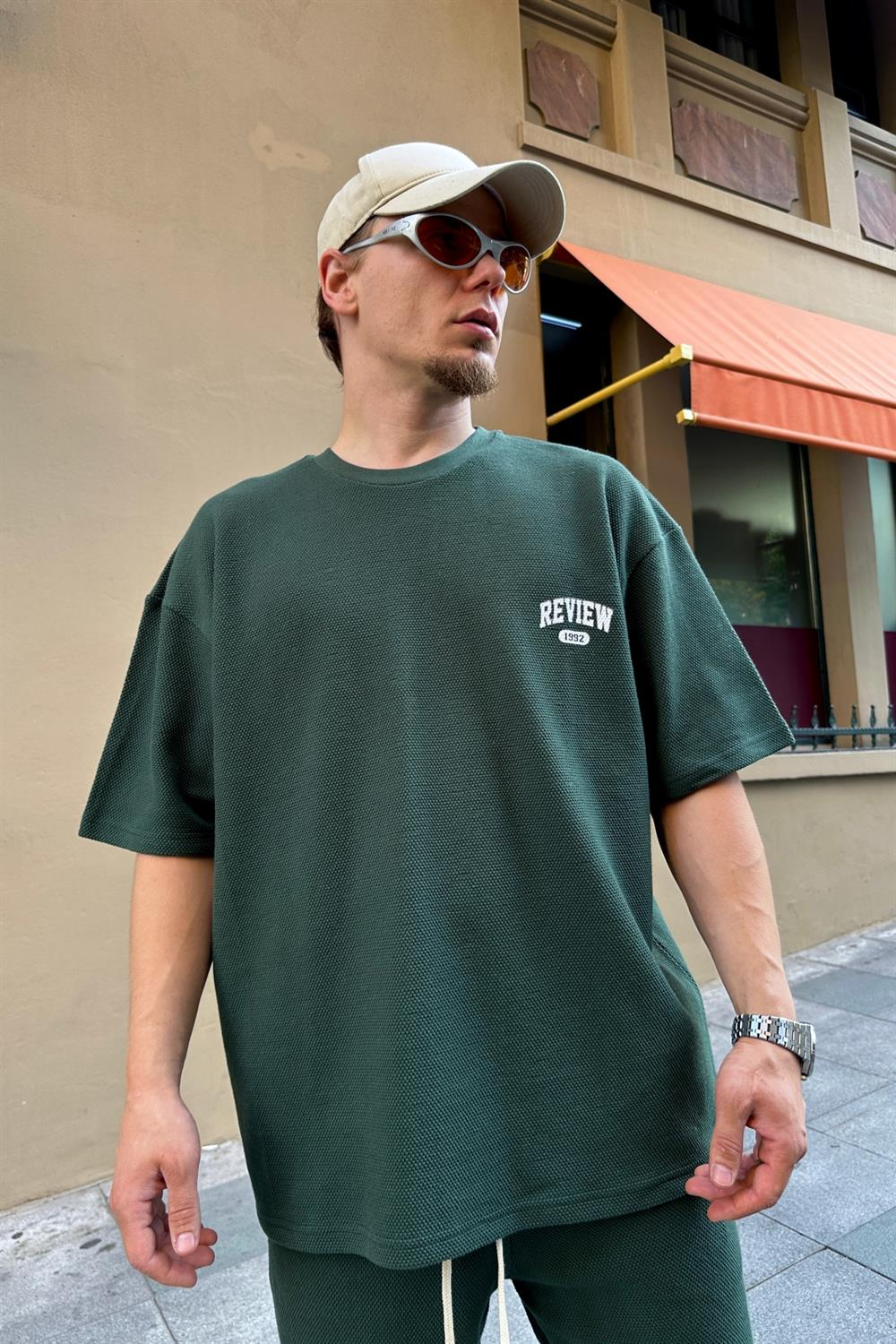 Waffle Kumaş Yeşil Overise Şort Tshirt Takım TKM133