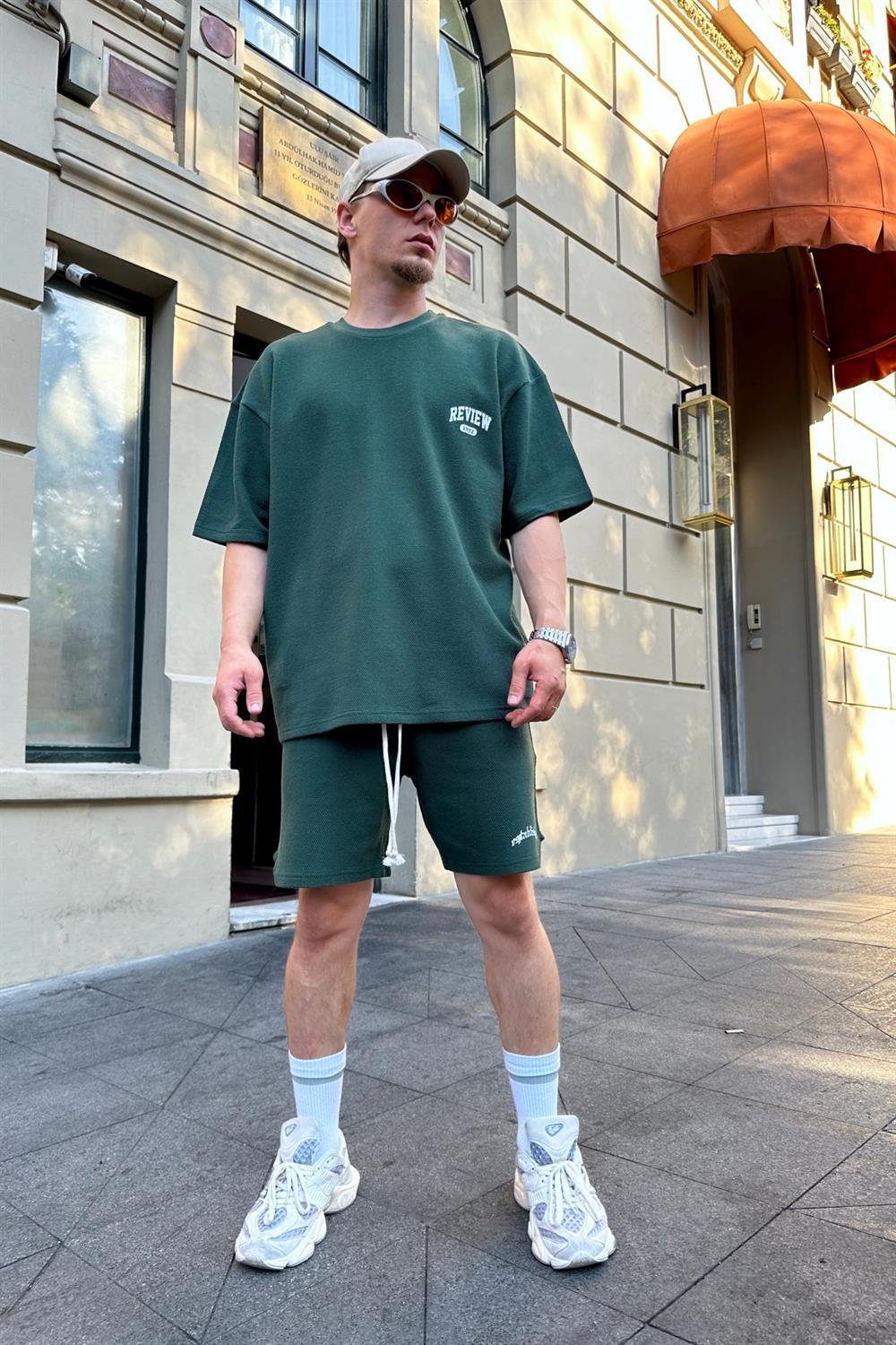 Waffle Kumaş Yeşil Overise Şort Tshirt Takım TKM133