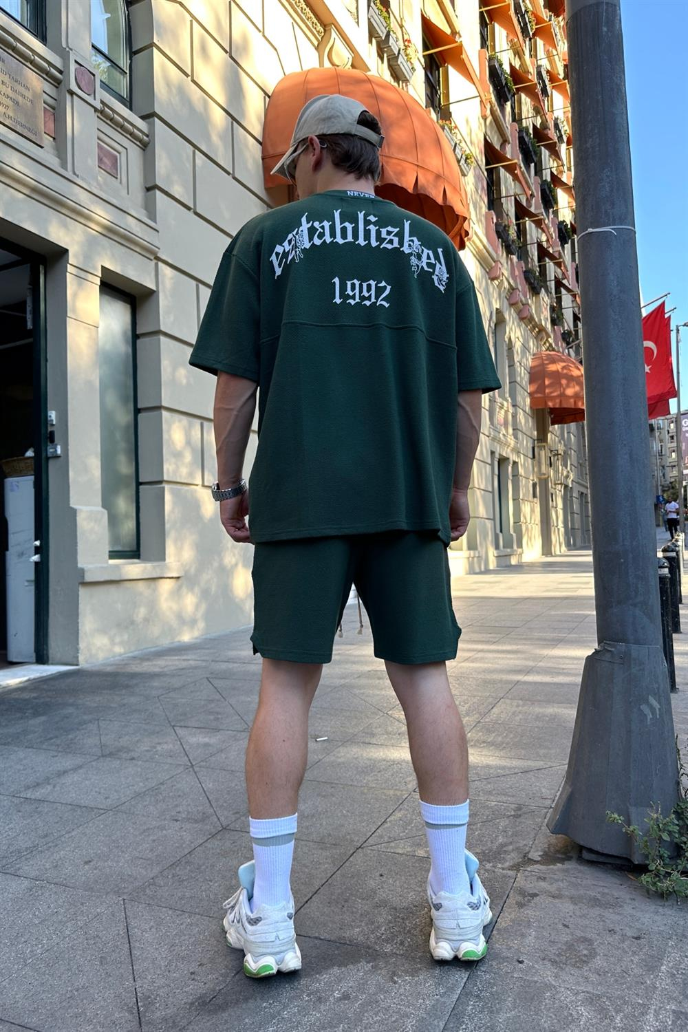 Waffle Kumaş Yeşil Overise Şort Tshirt Takım TKM133