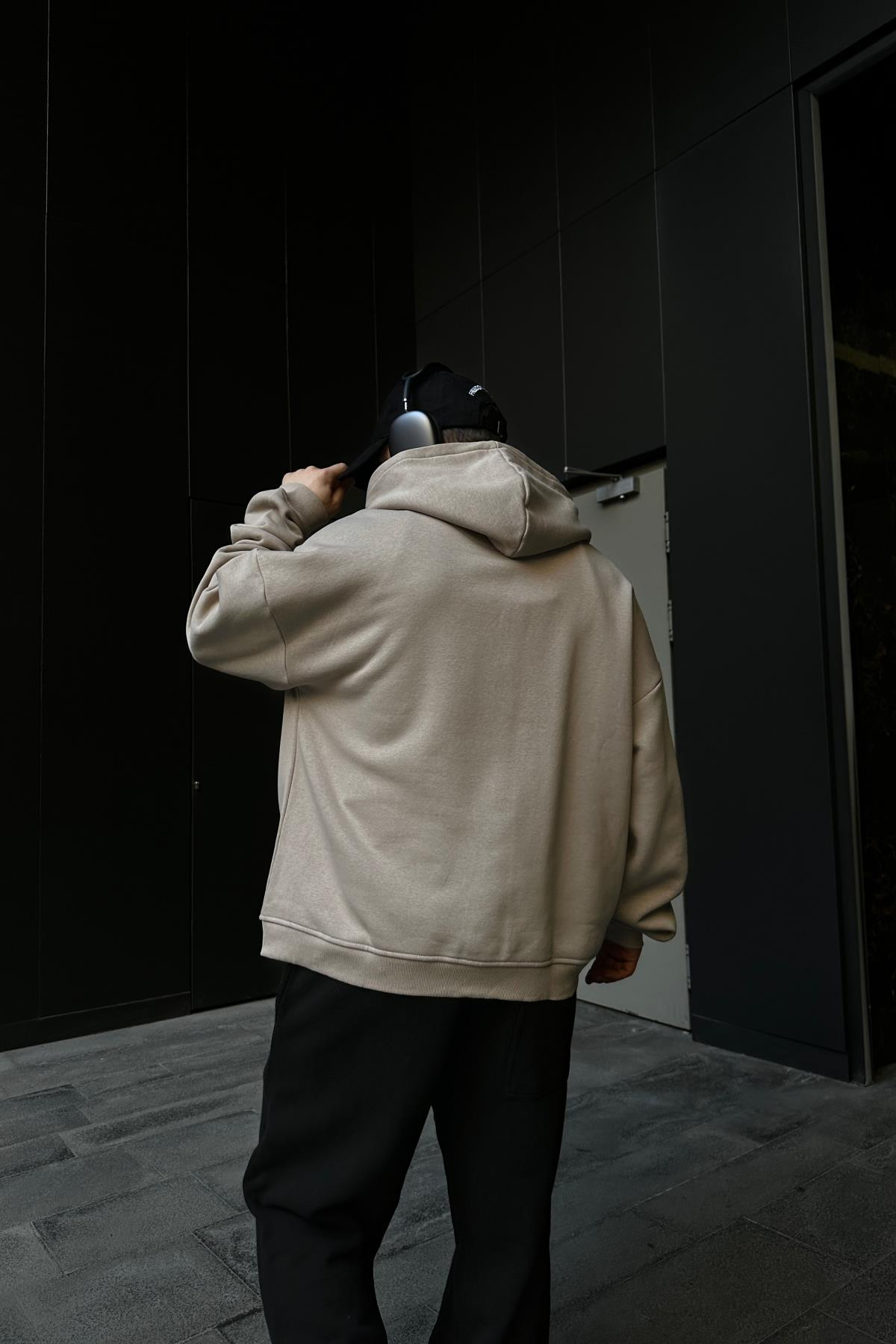 Whatever Baskılı Bej Oversize Zipper Hoodie SW1092