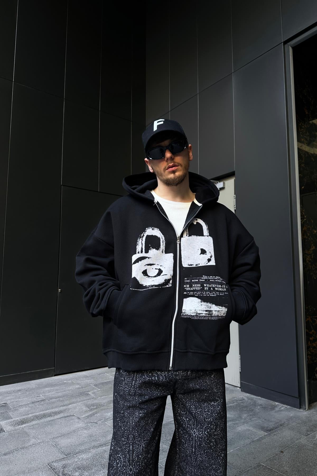 Whatever Baskılı Siyah Oversize Zipper  Hoodie SW1106