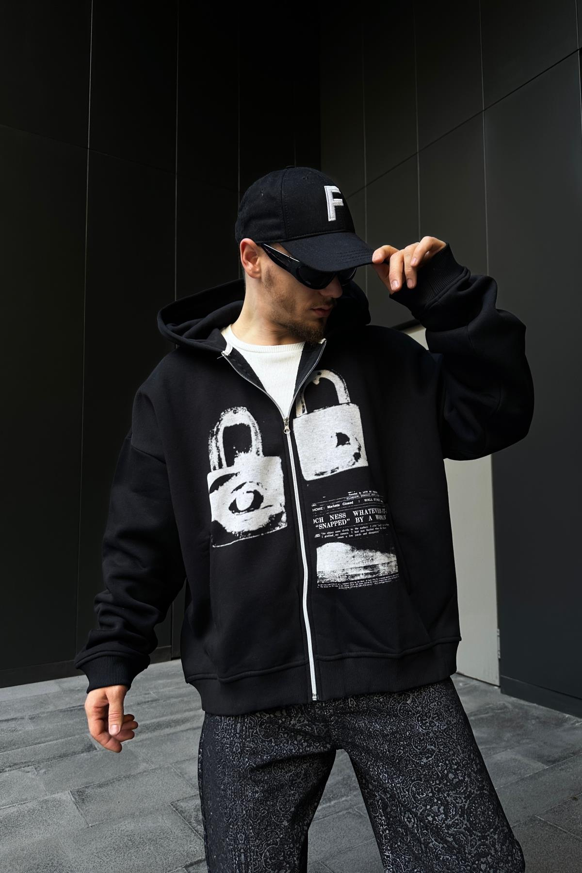 Whatever Baskılı Siyah Oversize Zipper  Hoodie SW1106