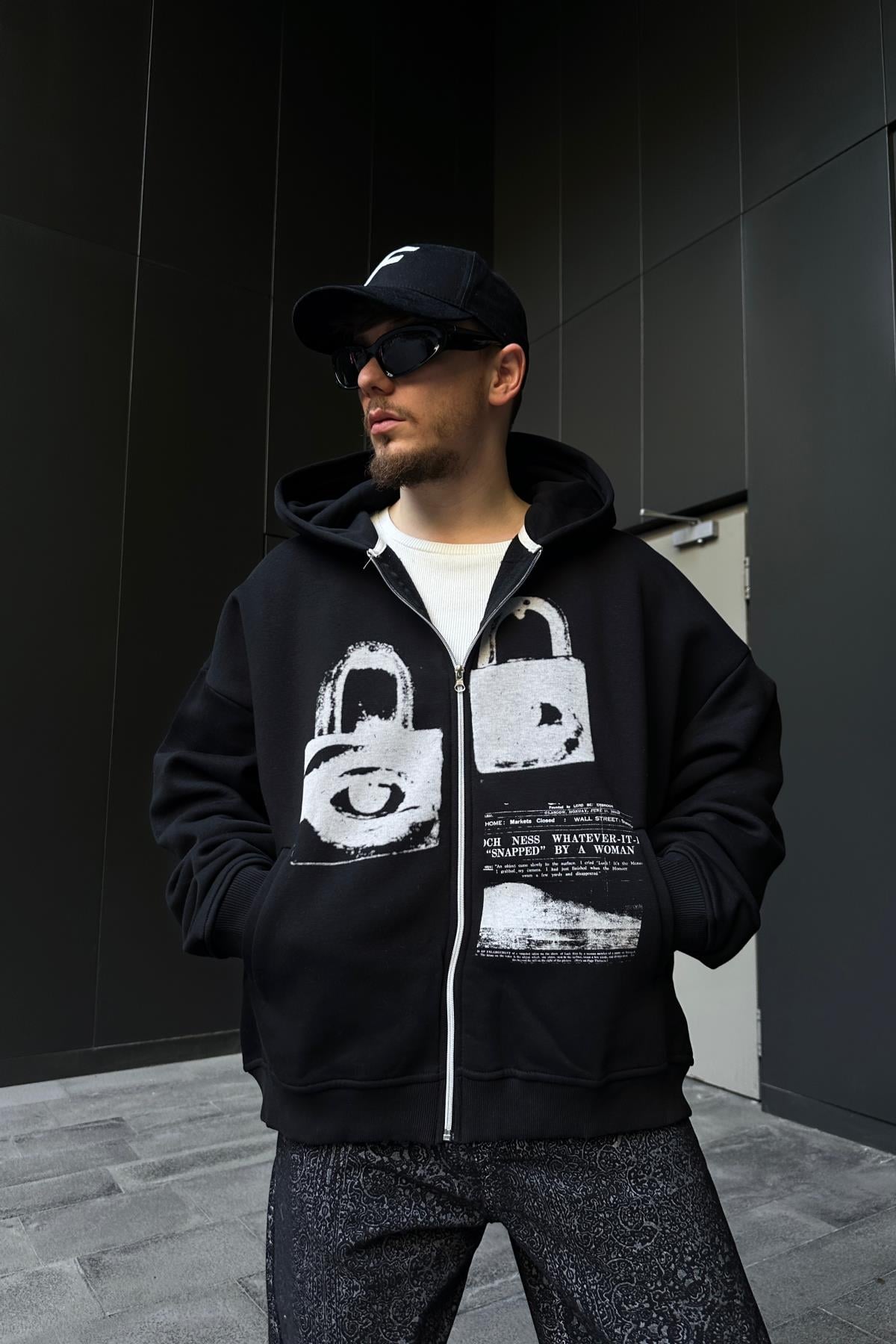Whatever Baskılı Siyah Oversize Zipper  Hoodie SW1106