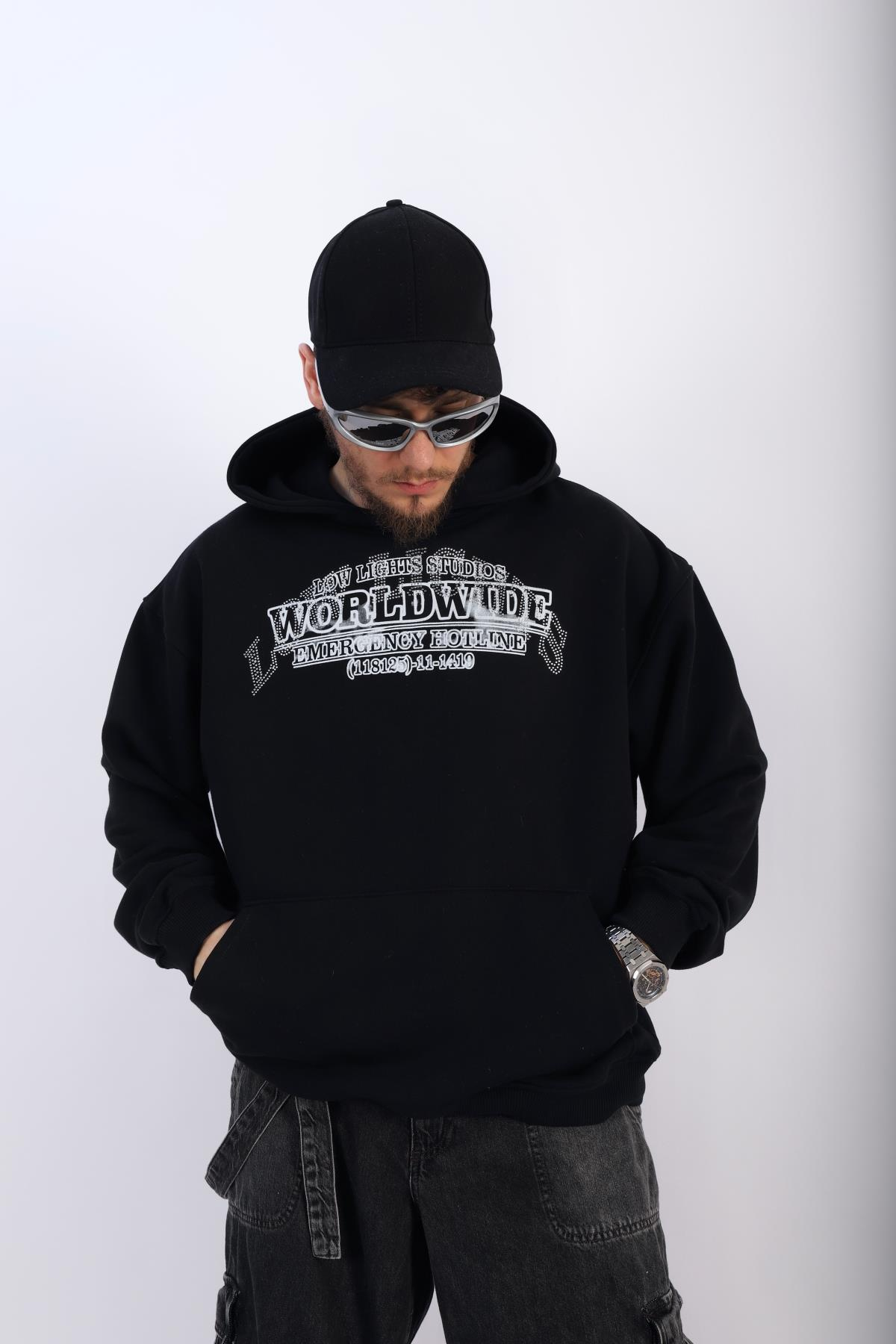 Worldwide Baskılı Siyah Oversize Sweatsihrt SW1113
