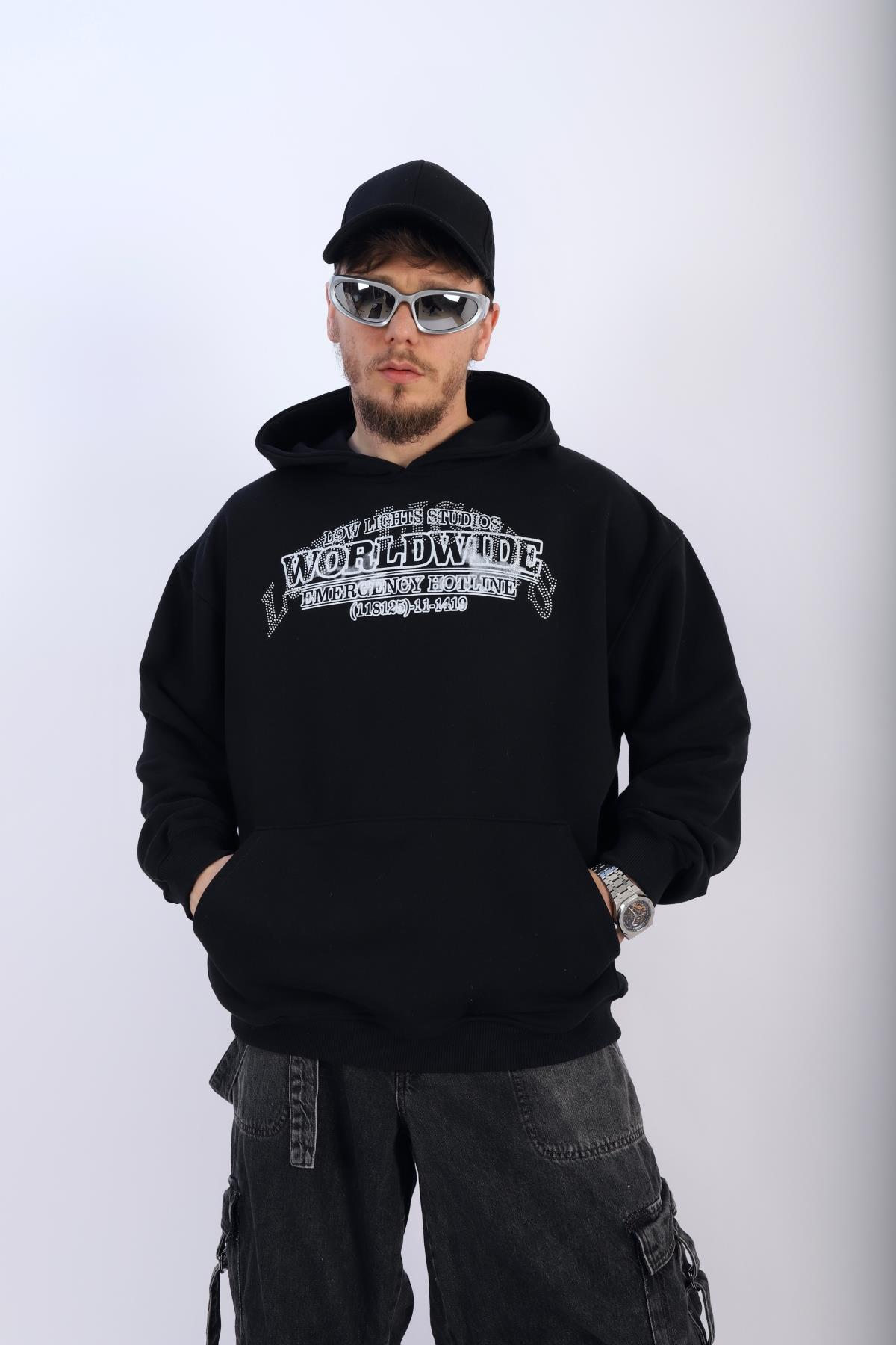 Worldwide Baskılı Siyah Oversize Sweatsihrt SW1113