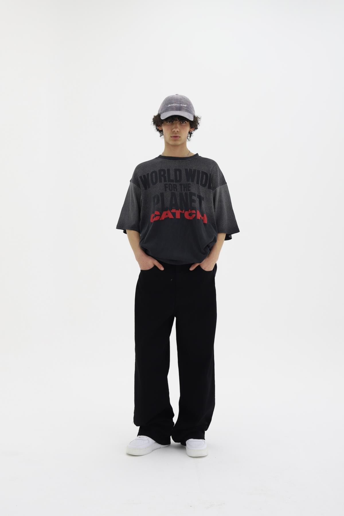 Worlwide Baskılı Siyah Oversize Tshirt CT01 25CY081