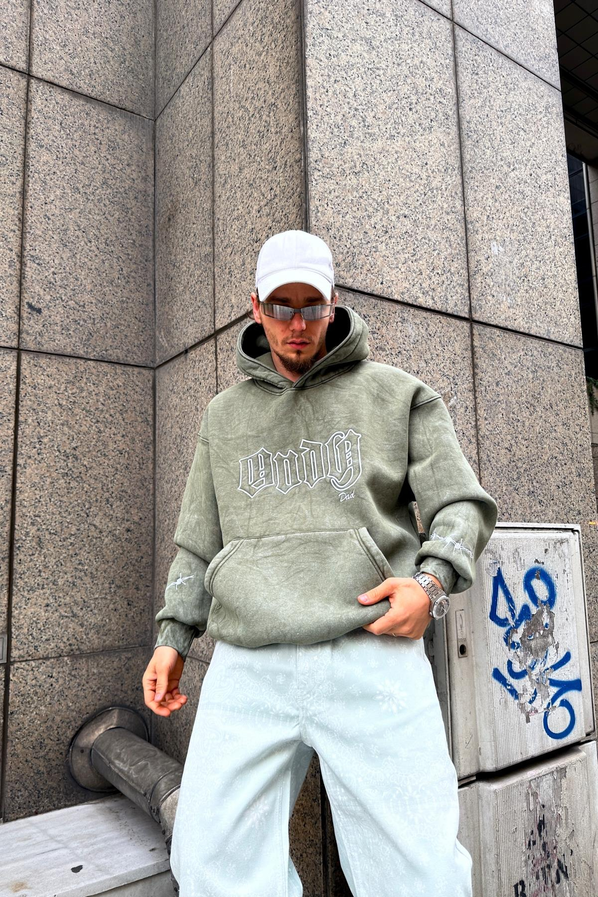 Yeşil Acid Wash Oversize Dad Sweatshirt SW995