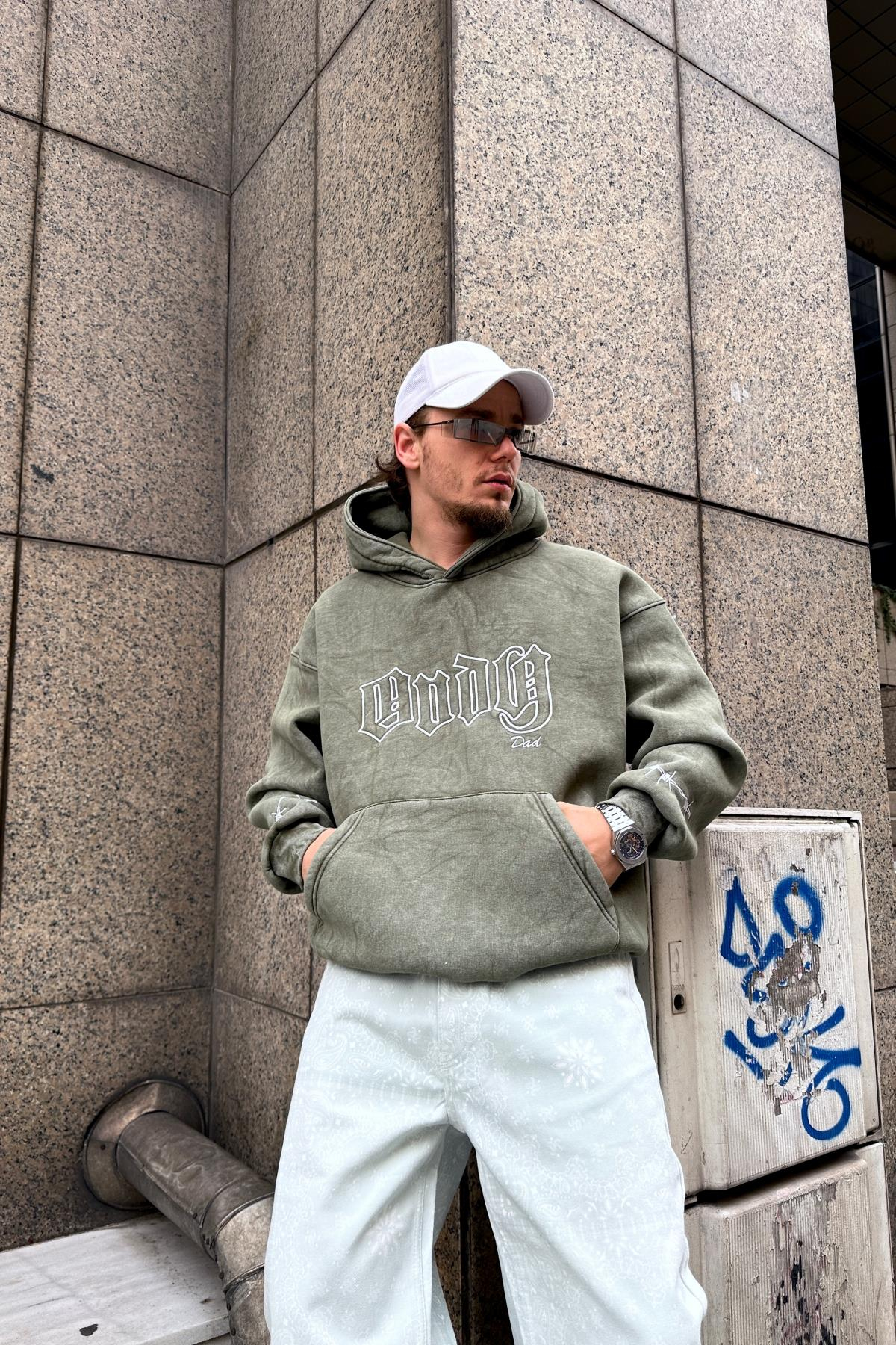 Yeşil Acid Wash Oversize Dad Sweatshirt SW995