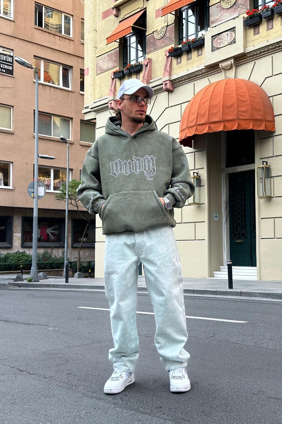 Yeşil Acid Wash Oversize Dad Sweatshirt SW995