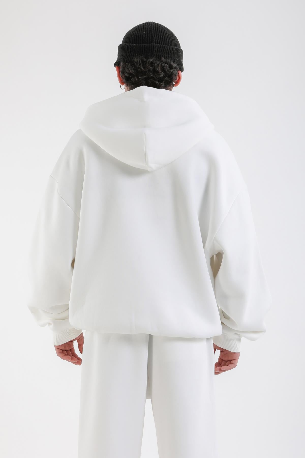 Yeşil Baskılı Beyaz Oversize Zipper Hoodie