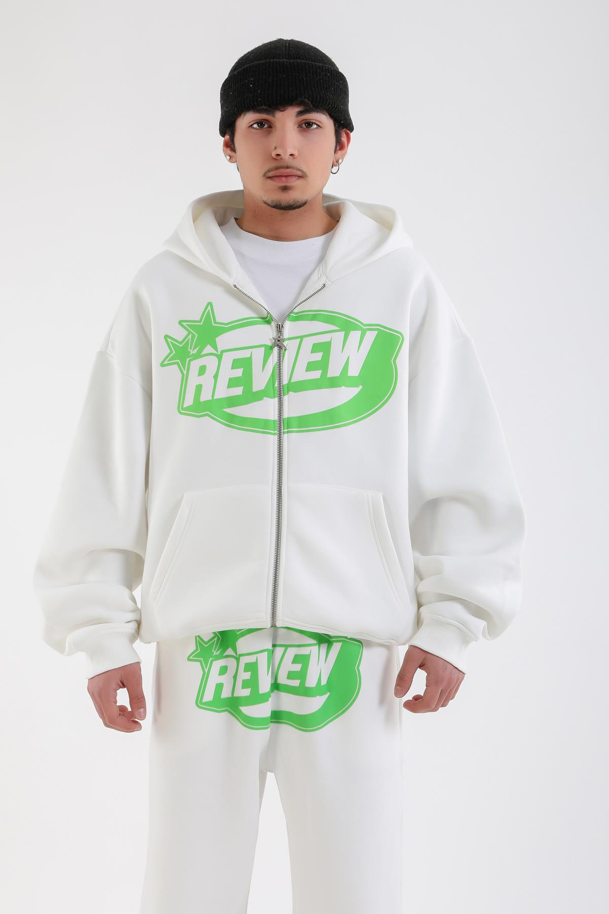 Yeşil Baskılı Beyaz Oversize Zipper Hoodie