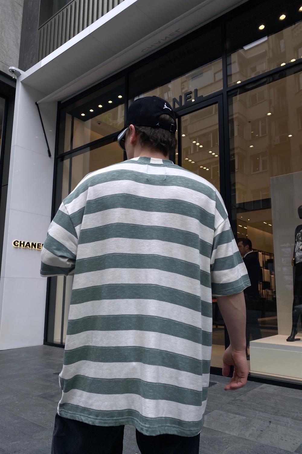 Yeşil Çizgili Basic Oversize Tshirt T655